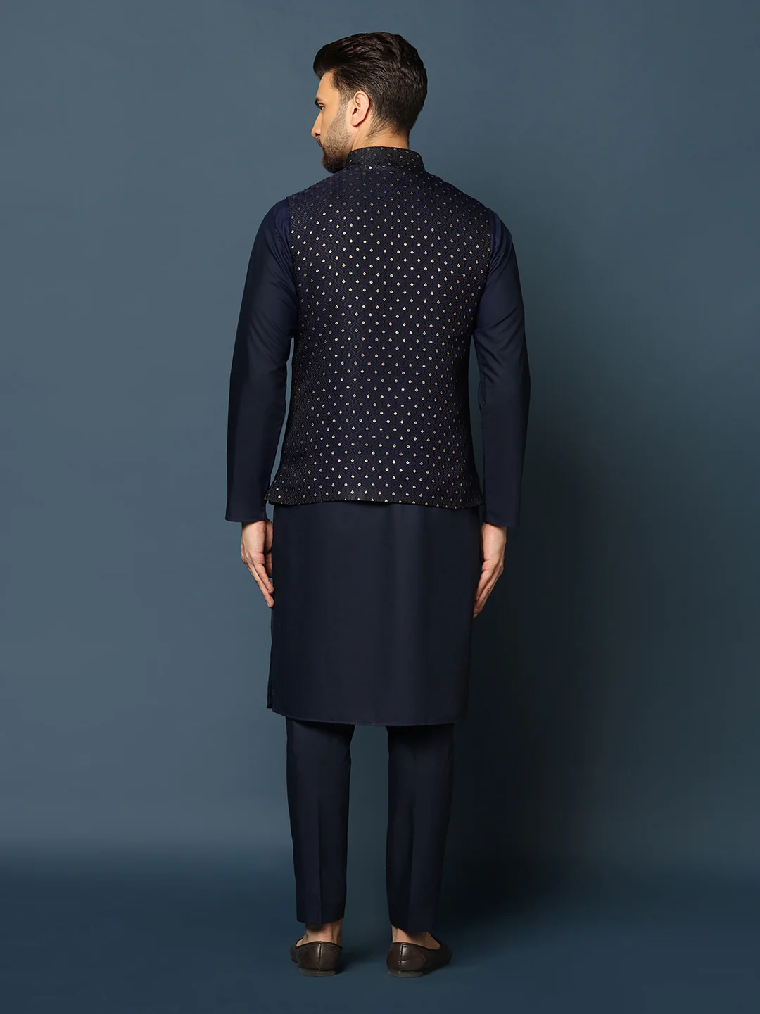 Navy Blue Embellished Nehru Jacket Kurta Set - Image 4