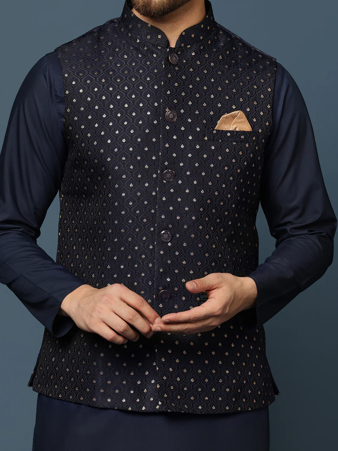 Navy Blue Embellished Nehru Jacket Kurta Set - Image 6