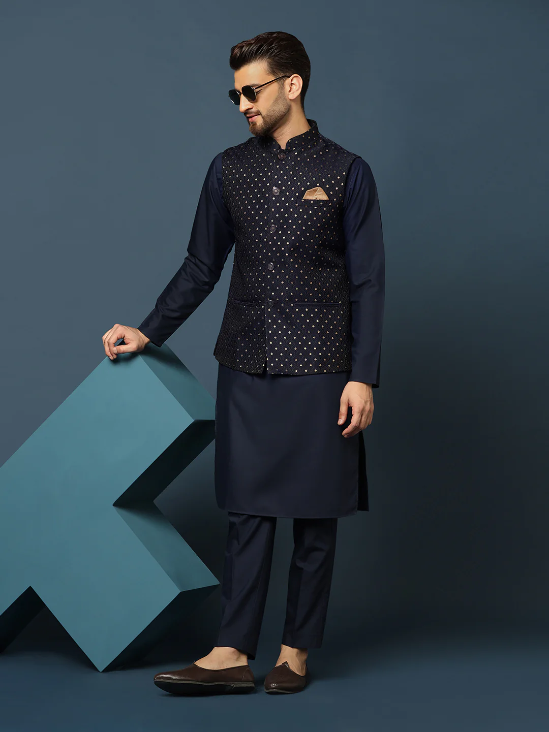 Navy Blue Embellished Nehru Jacket Kurta Set - Image 8