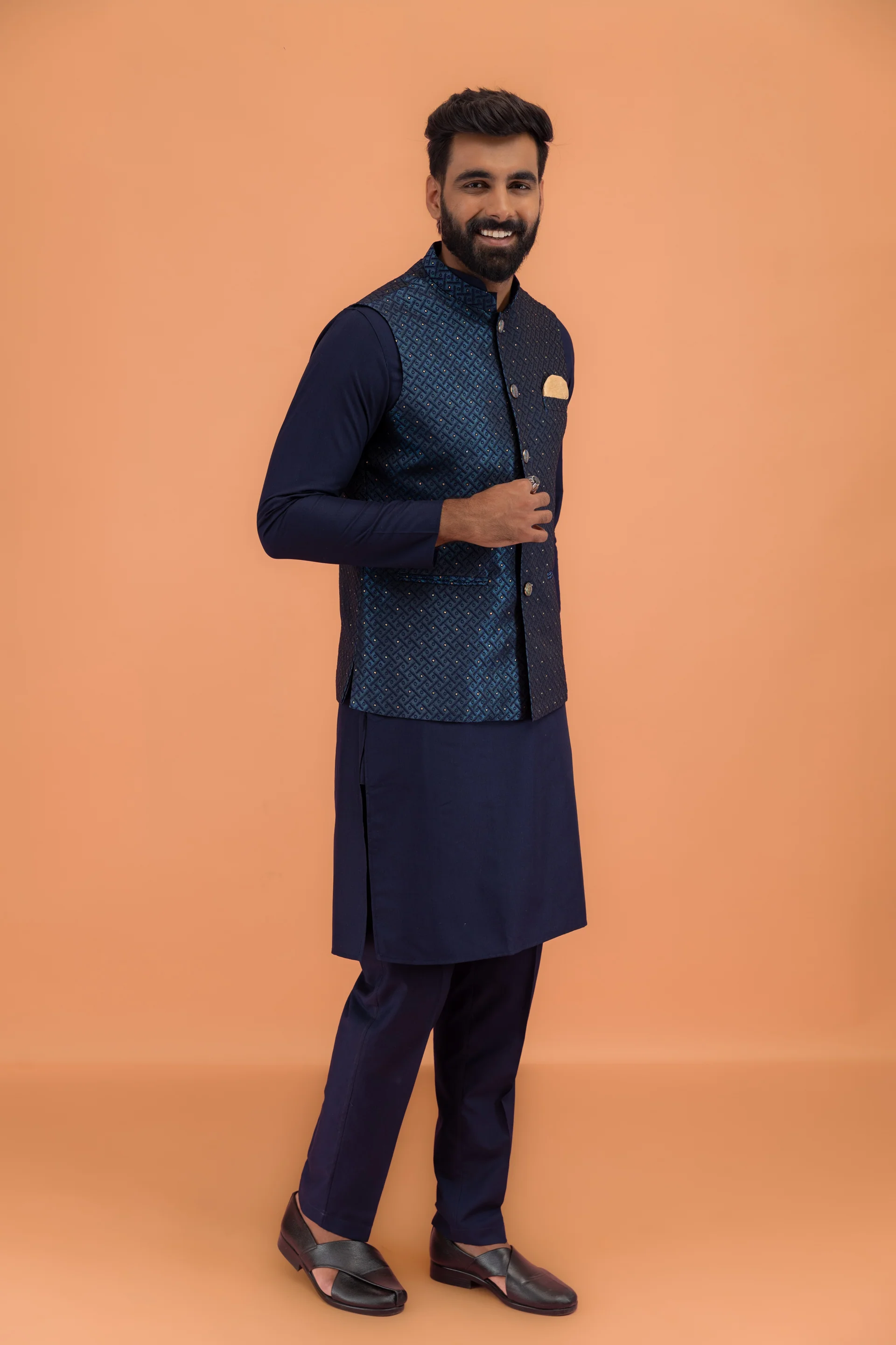 Navy Blue Silk Embellished Nehru Jacket Kurta Set - Image 3