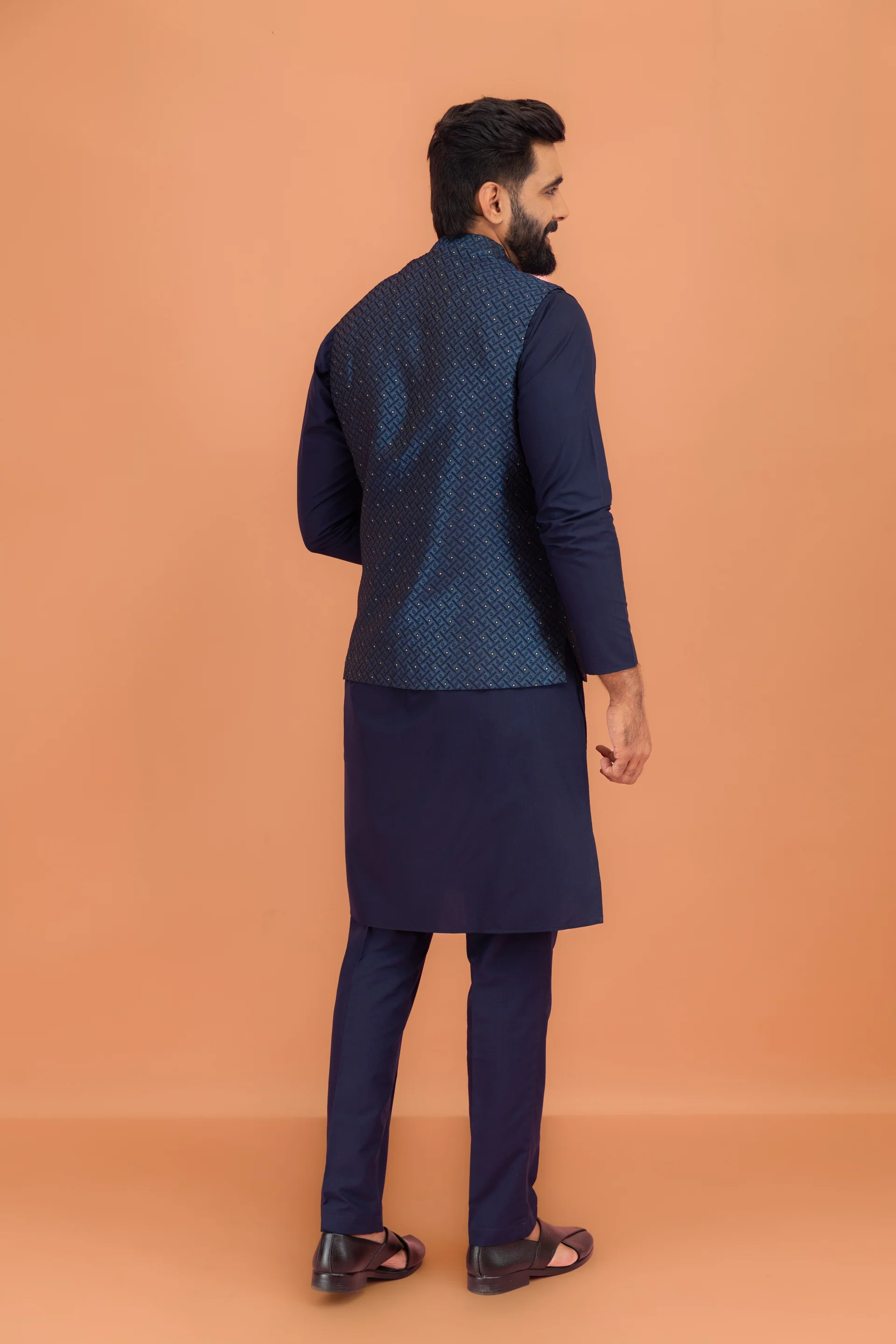 Navy Blue Silk Embellished Nehru Jacket Kurta Set - Image 4