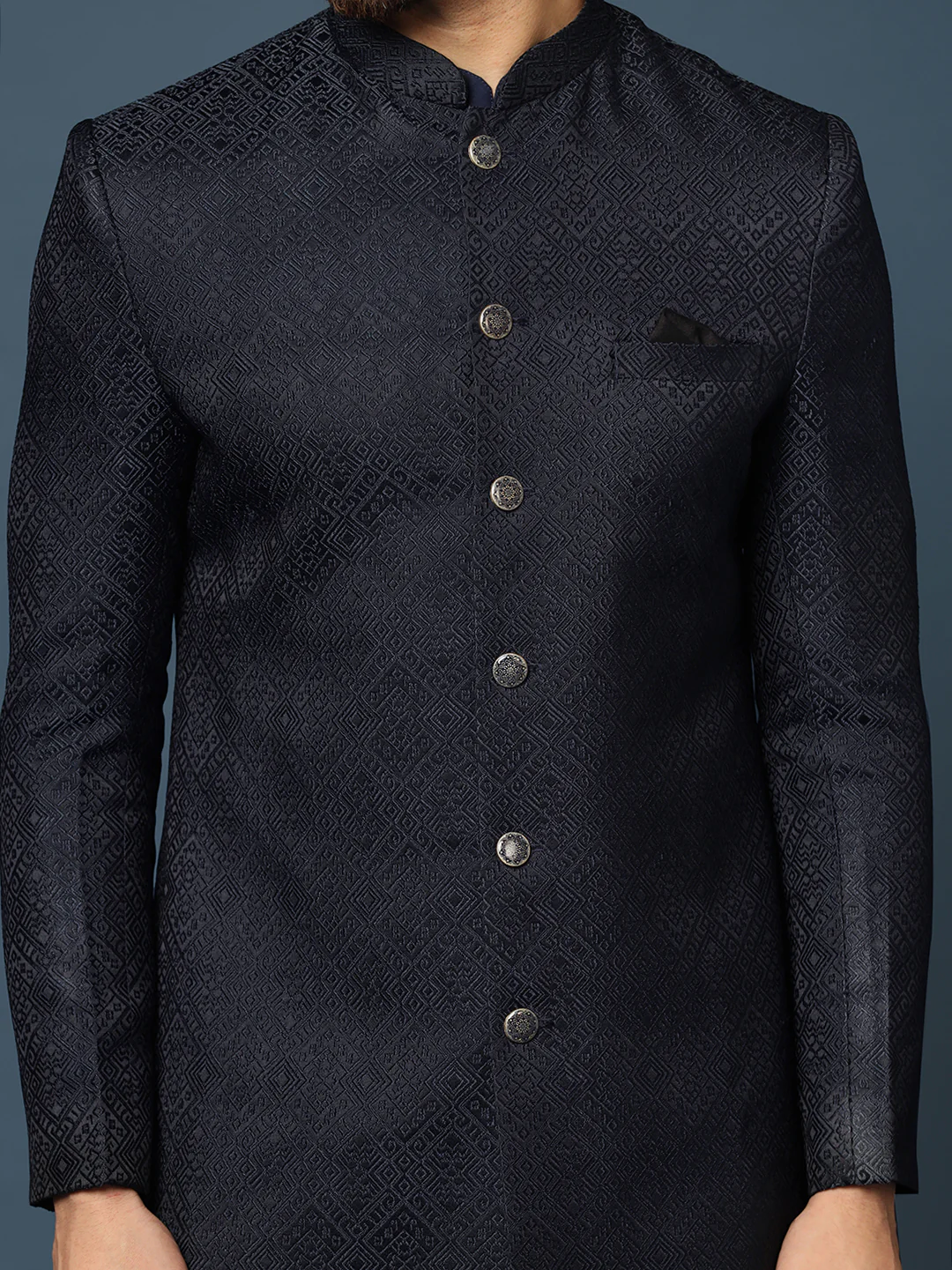 Navy Blue Woven Sherwani Trouser Set - Image 6