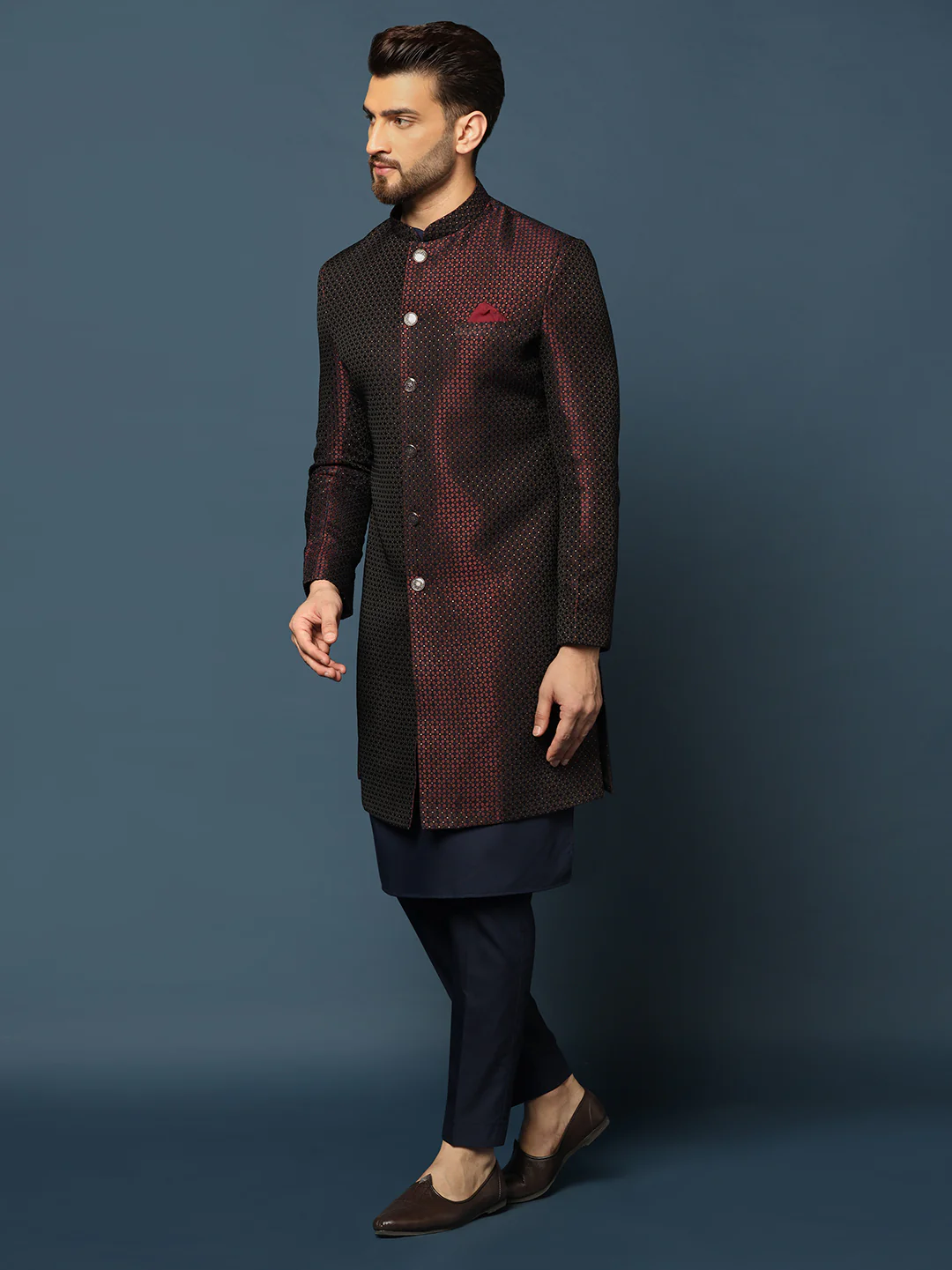 Wine Silk Blend Woven Sherwani Kurta Trouser Set - Image 2