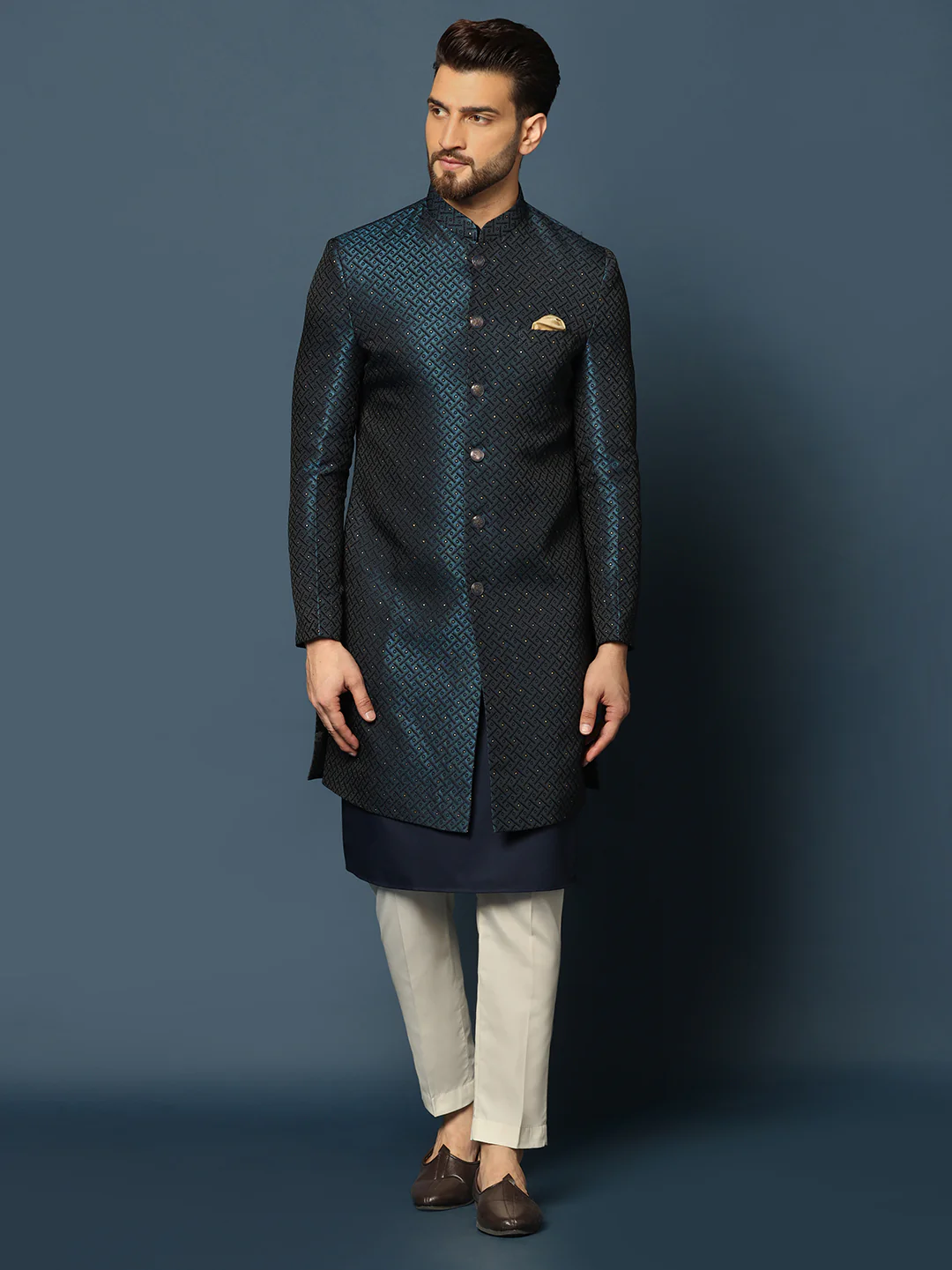 Navy Blue Silk Blend Indo-Western Sherwani Set with Jacquard Jacket, Kurta and Cream Trousers – Wedding & Reception Ensemble