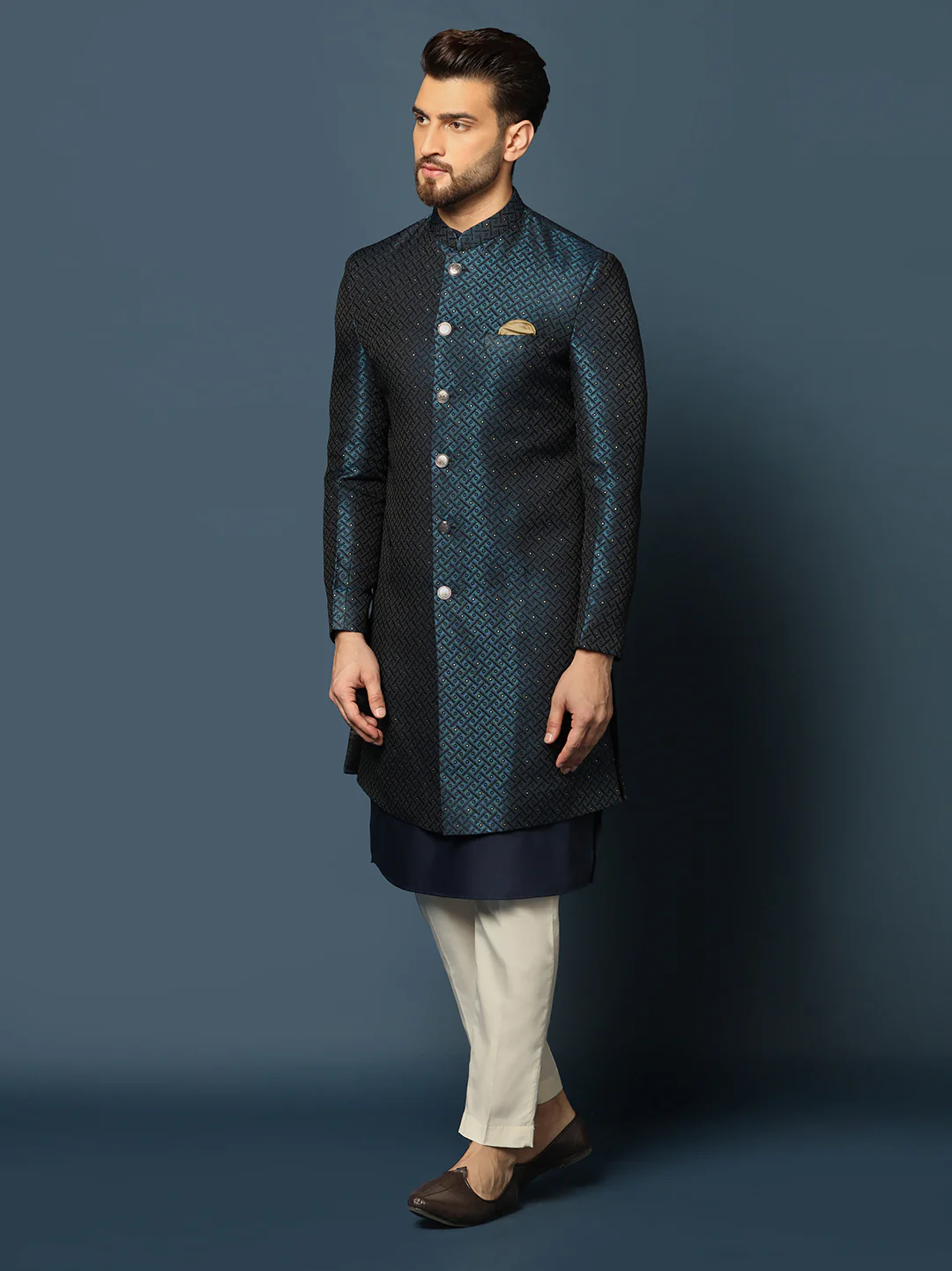 Navy Blue Silk Blend Indo-Western Sherwani Set with Jacquard Jacket, Kurta and Cream Trousers – Wedding & Reception Ensemble - Image 2