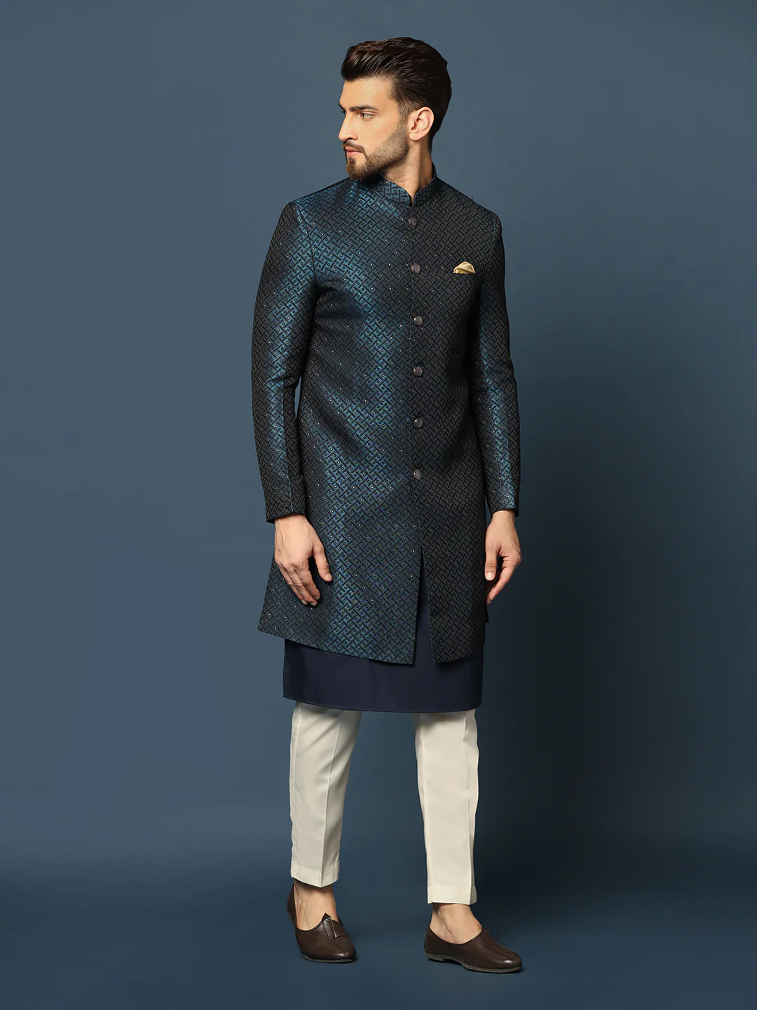 Navy Blue Silk Blend Indo-Western Sherwani Set with Jacquard Jacket, Kurta and Cream Trousers – Wedding & Reception Ensemble - Image 3