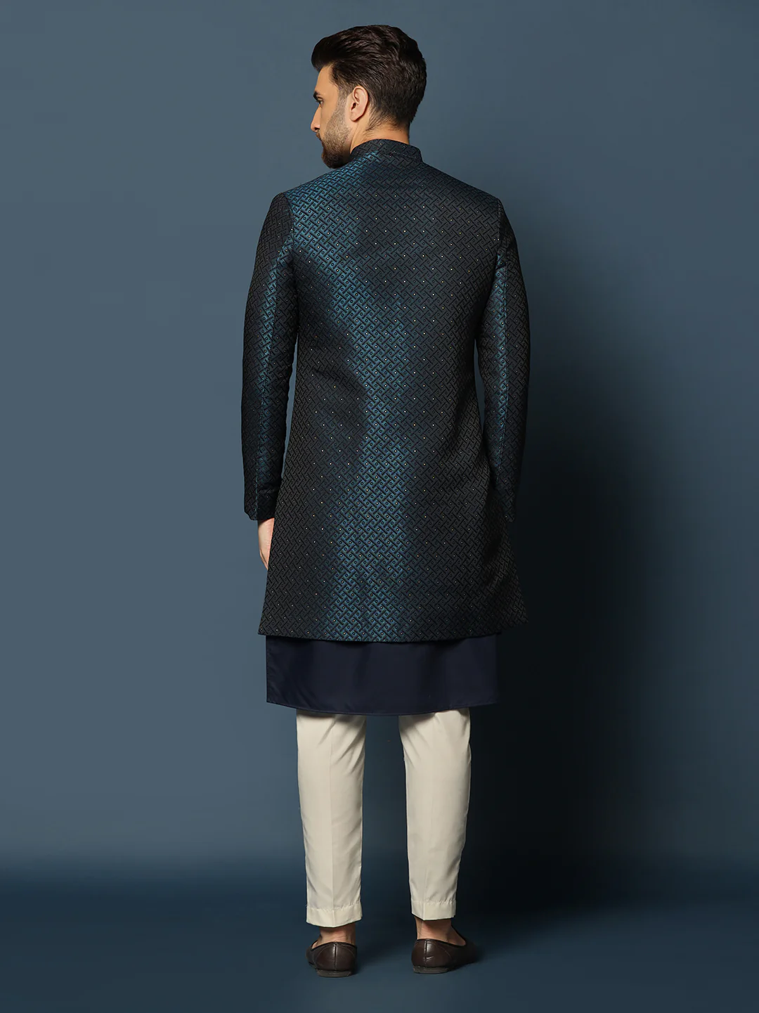 Navy Blue Silk Blend Indo-Western Sherwani Set with Jacquard Jacket, Kurta and Cream Trousers – Wedding & Reception Ensemble - Image 4