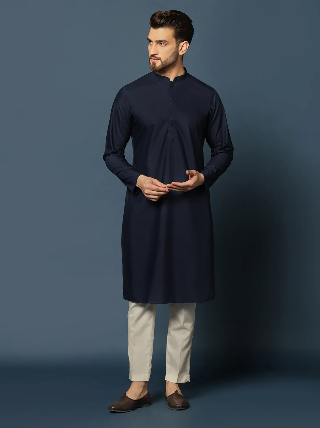 Navy Blue Silk Blend Indo-Western Sherwani Set with Jacquard Jacket, Kurta and Cream Trousers – Wedding & Reception Ensemble - Image 5