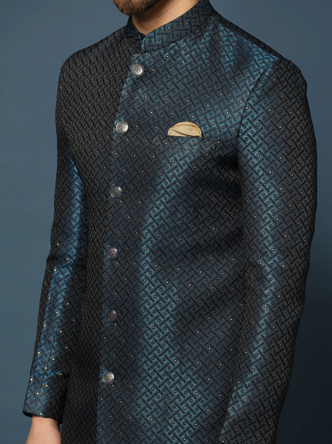 Navy Blue Silk Blend Indo-Western Sherwani Set with Jacquard Jacket, Kurta and Cream Trousers – Wedding & Reception Ensemble - Image 6