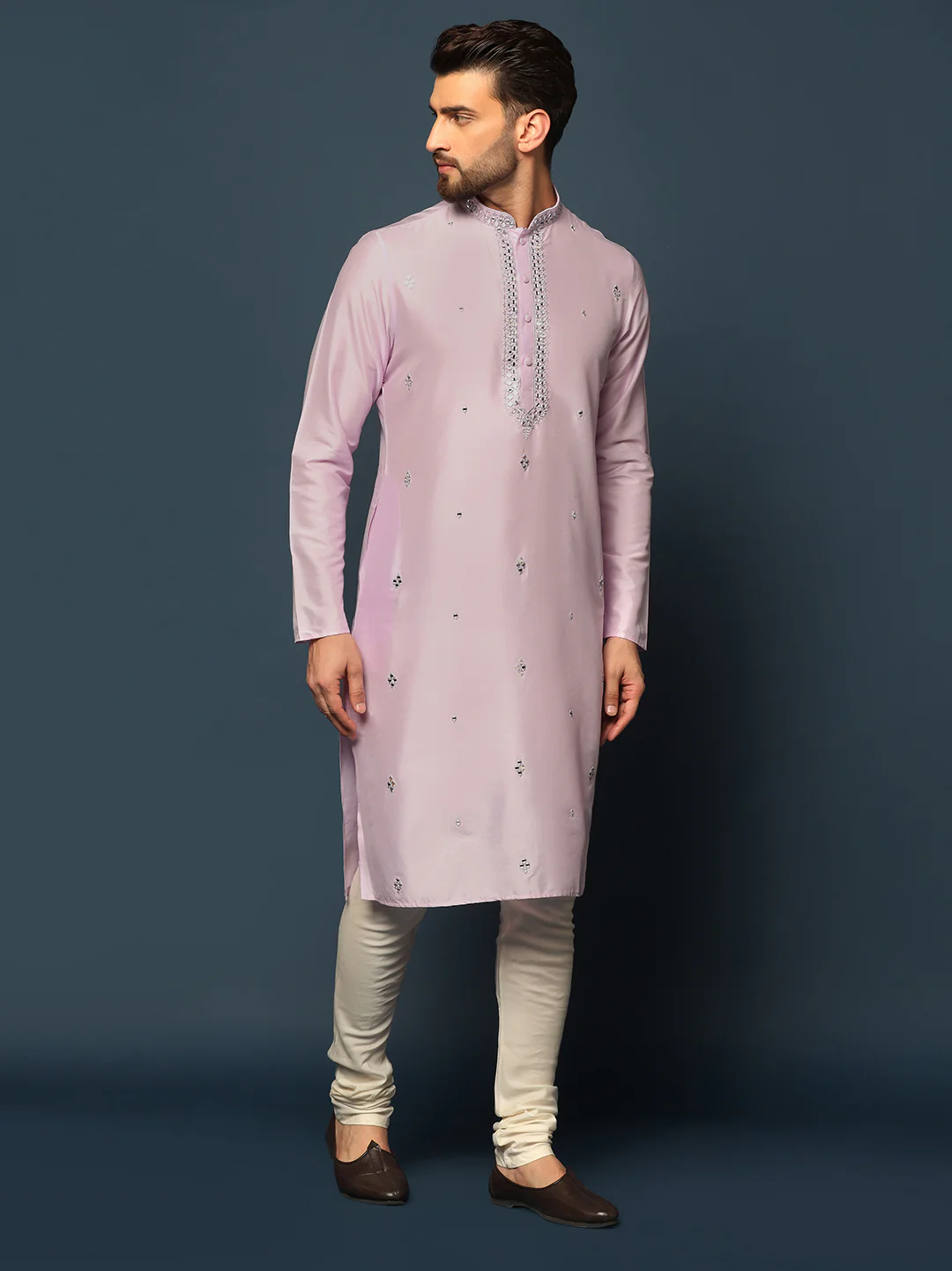 Men Light Pink Mirror Work Elegant Festive Kurta Set with Churidar - Image 3