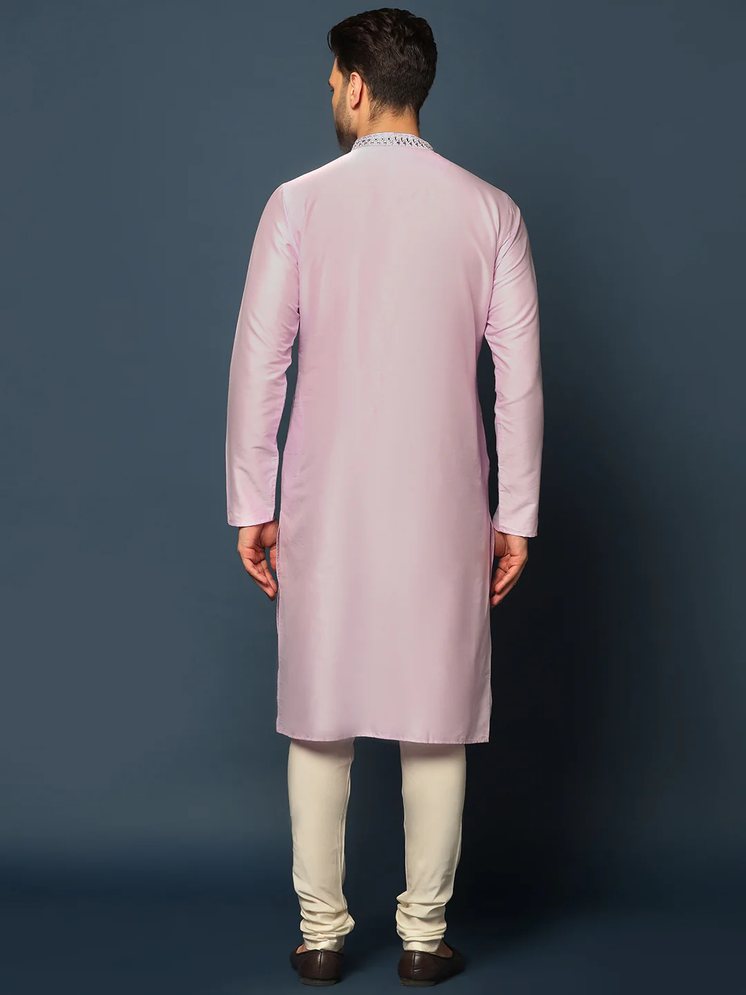 Men Light Pink Mirror Work Elegant Festive Kurta Set with Churidar - Image 4