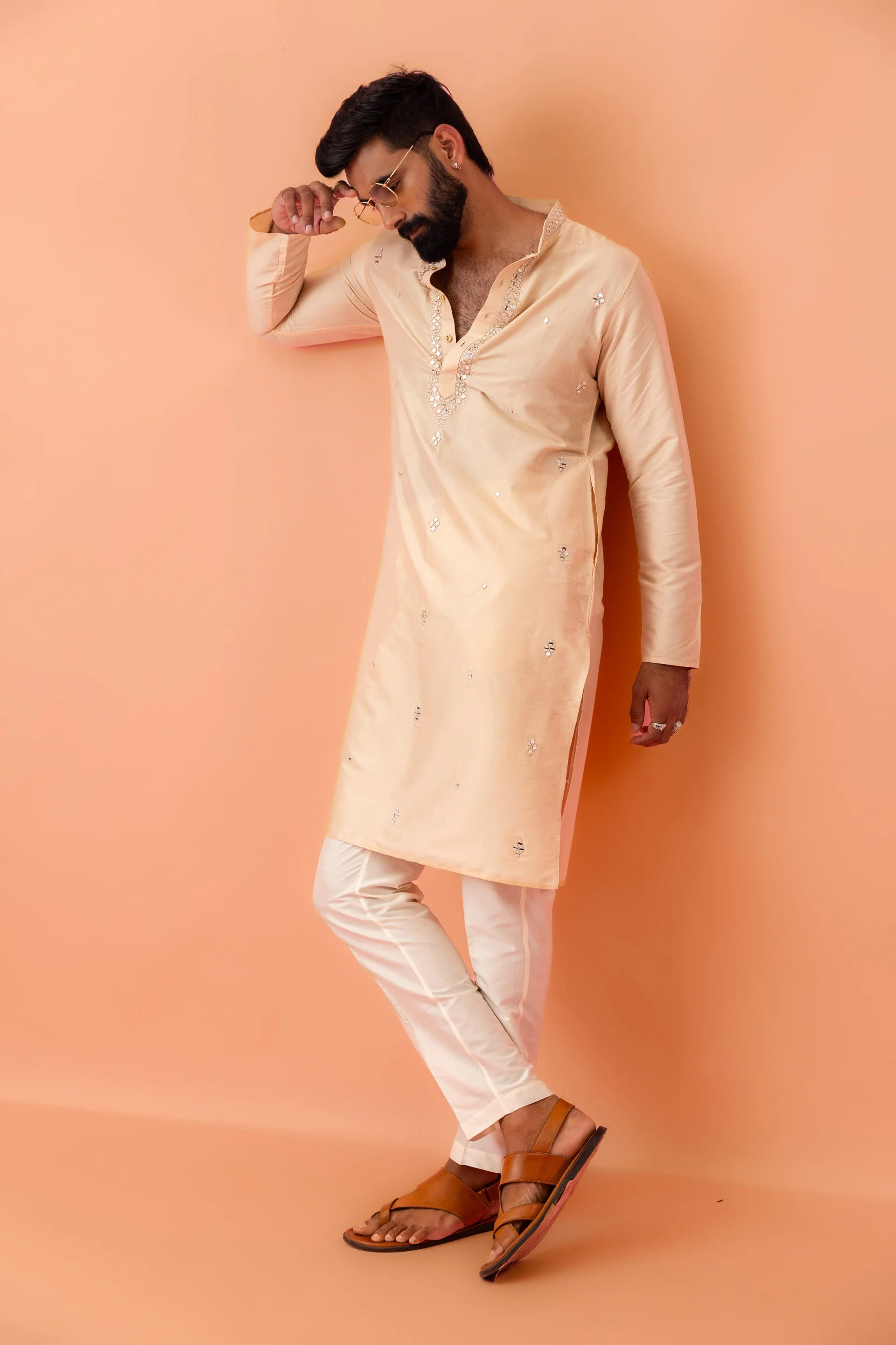 Beige Silk Blend Mirror Work Kurta Trouser - Image 8