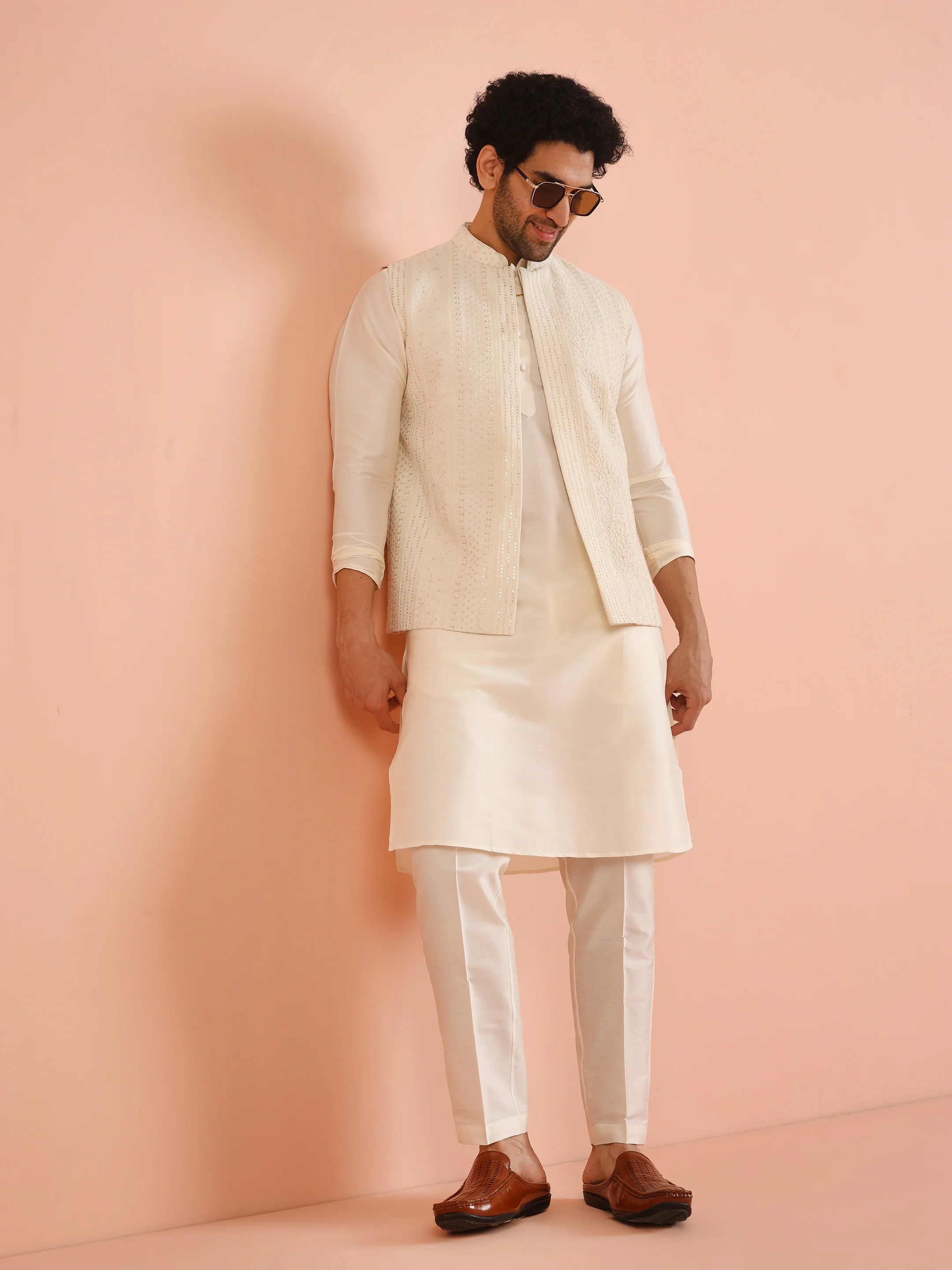 Cream Embroidered Nehru Jacket Kurta Set - Image 2