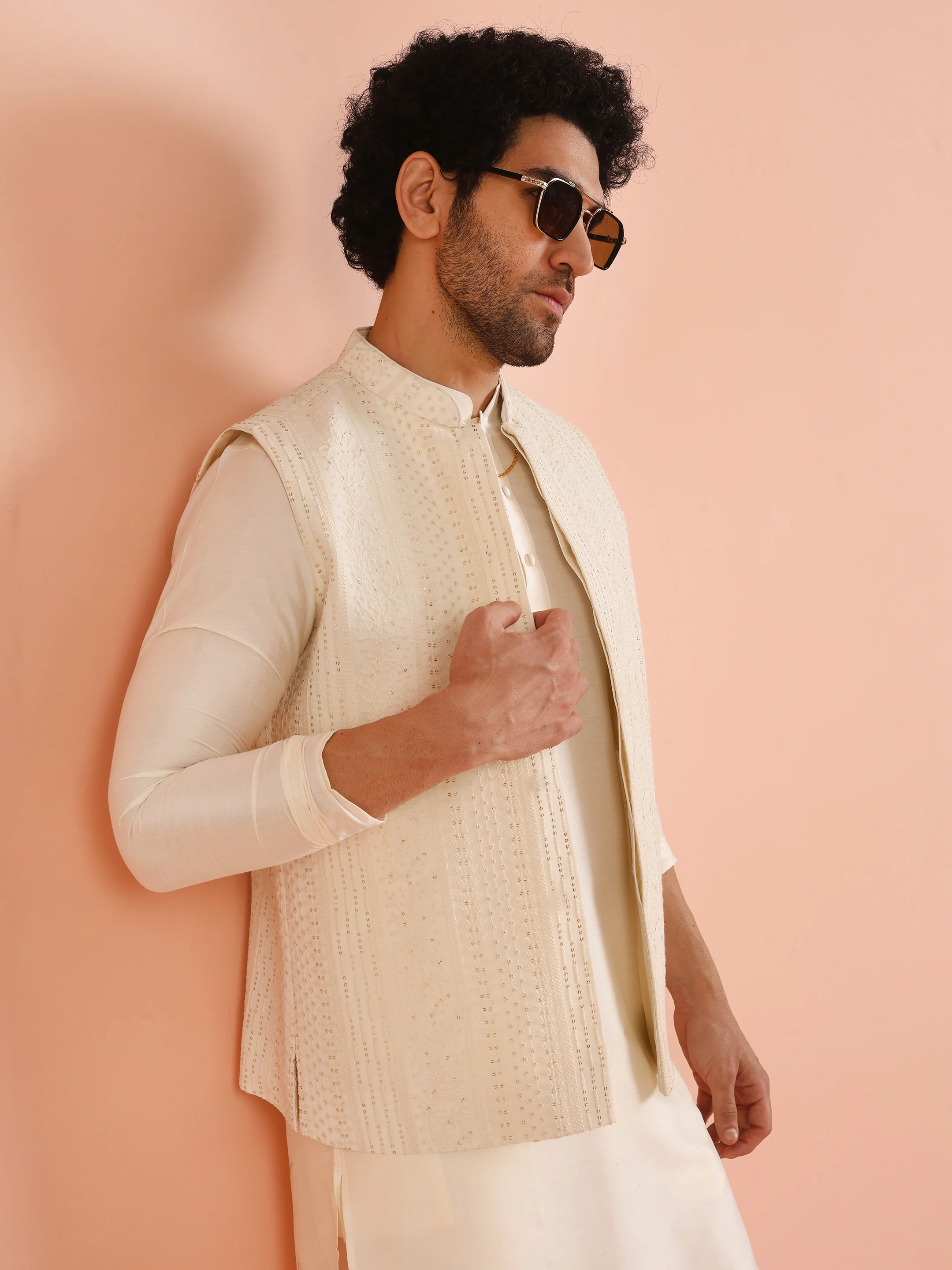 Cream Embroidered Nehru Jacket Kurta Set - Image 8