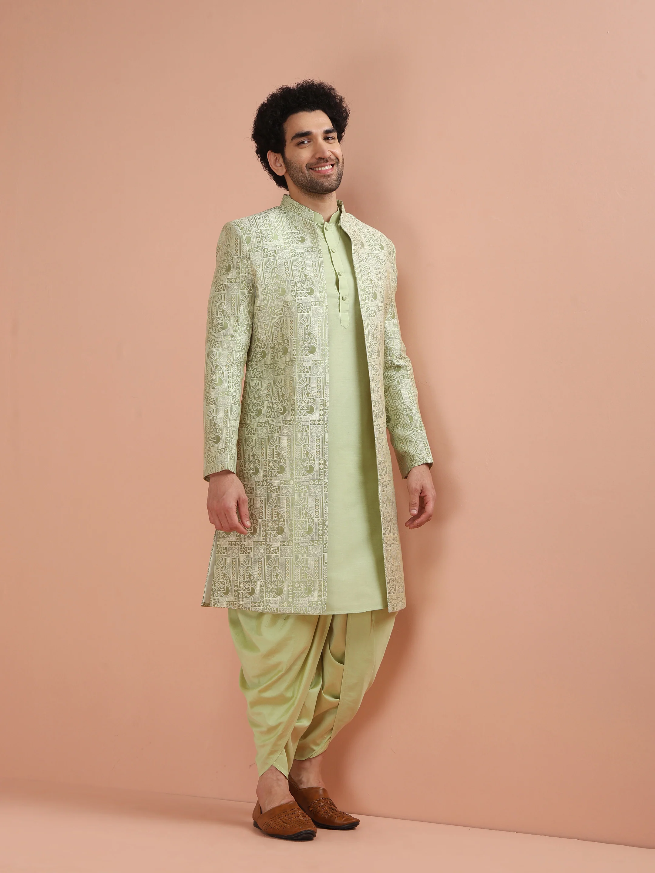 Light Green Silk Blend Embroidered Sherwani Dhoti Set - Image 3