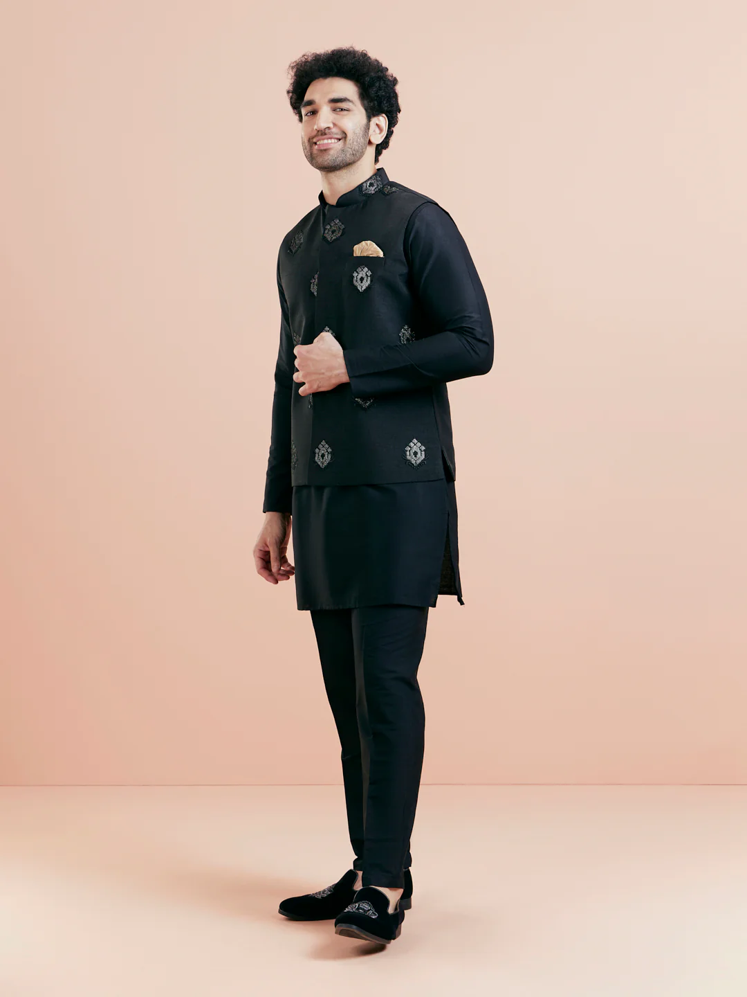 Black Mid Kurta Jacket Trouser Set with Embroidered Nehru Jacket â€“ Festive Wear - Image 2