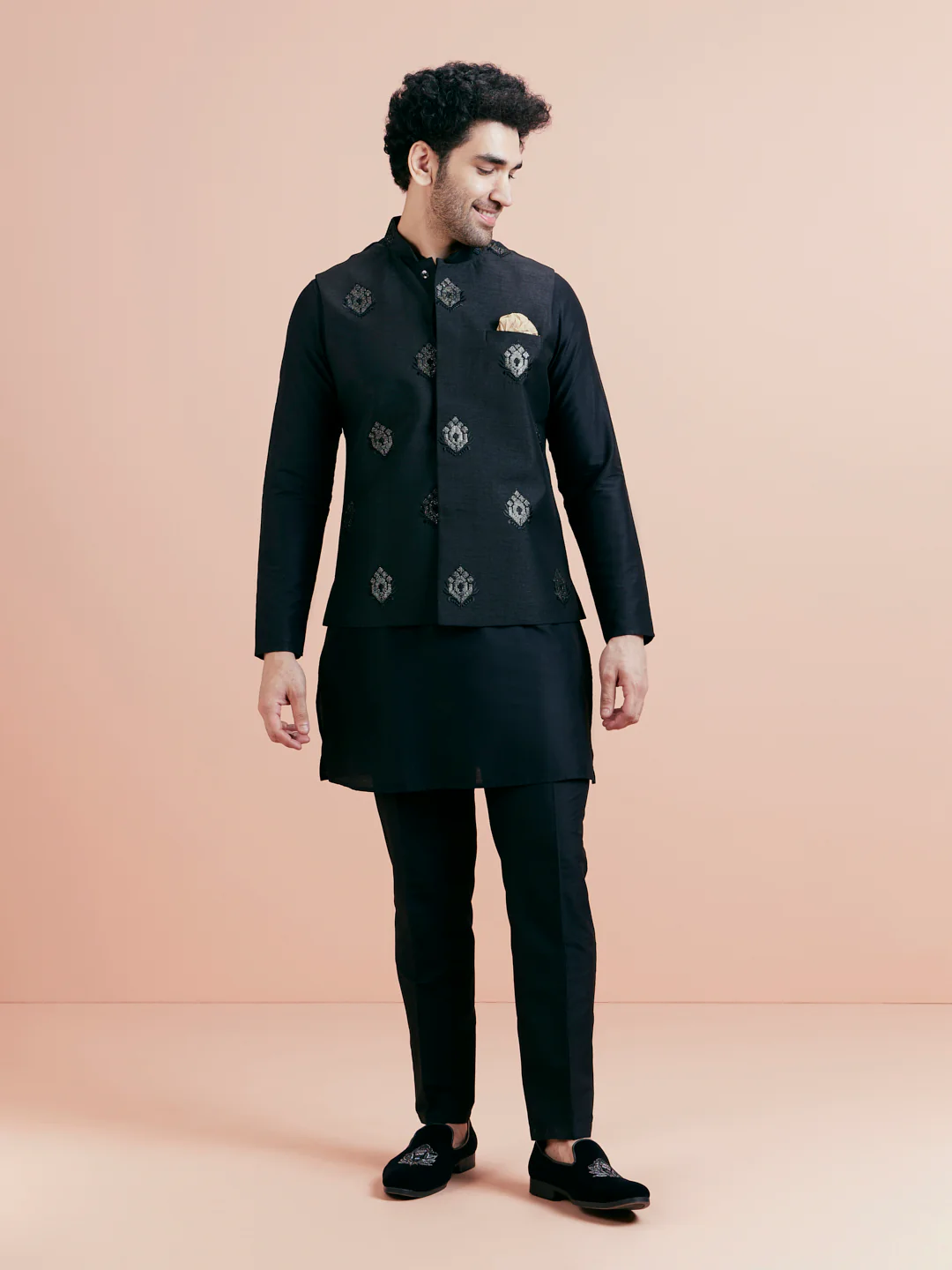 Black Mid Kurta Jacket Trouser Set with Embroidered Nehru Jacket â€“ Festive Wear - Image 3