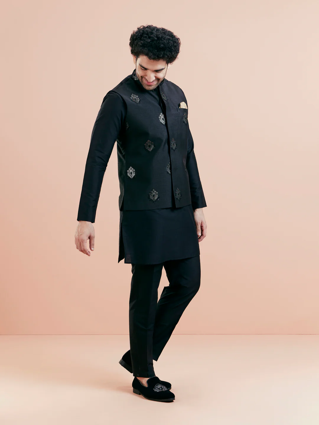 Black Mid Kurta Jacket Trouser Set with Embroidered Nehru Jacket â€“ Festive Wear - Image 4