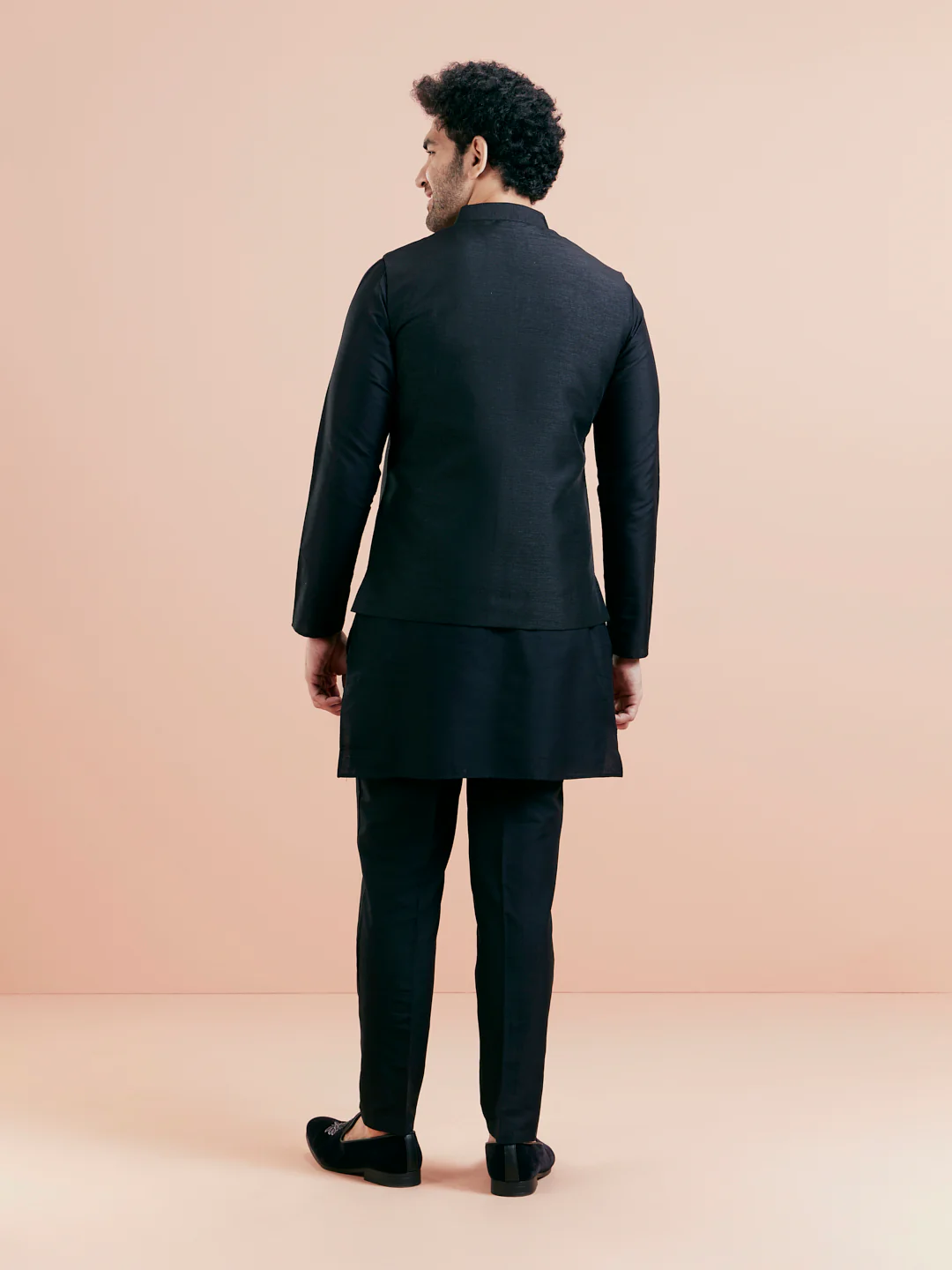 Black Mid Kurta Jacket Trouser Set with Embroidered Nehru Jacket â€“ Festive Wear - Image 5