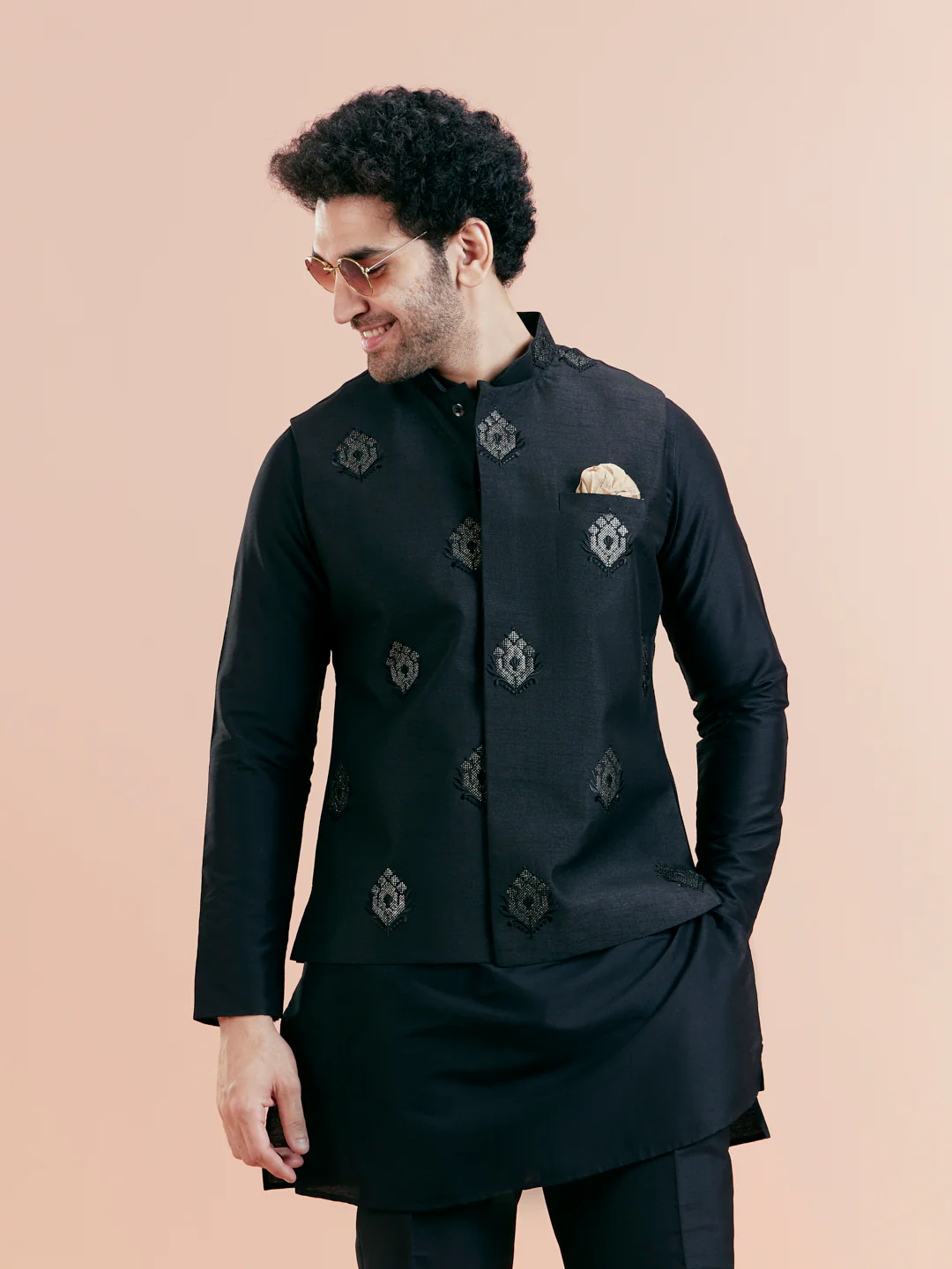 Black Mid Kurta Jacket Trouser Set with Embroidered Nehru Jacket â€“ Festive Wear - Image 6