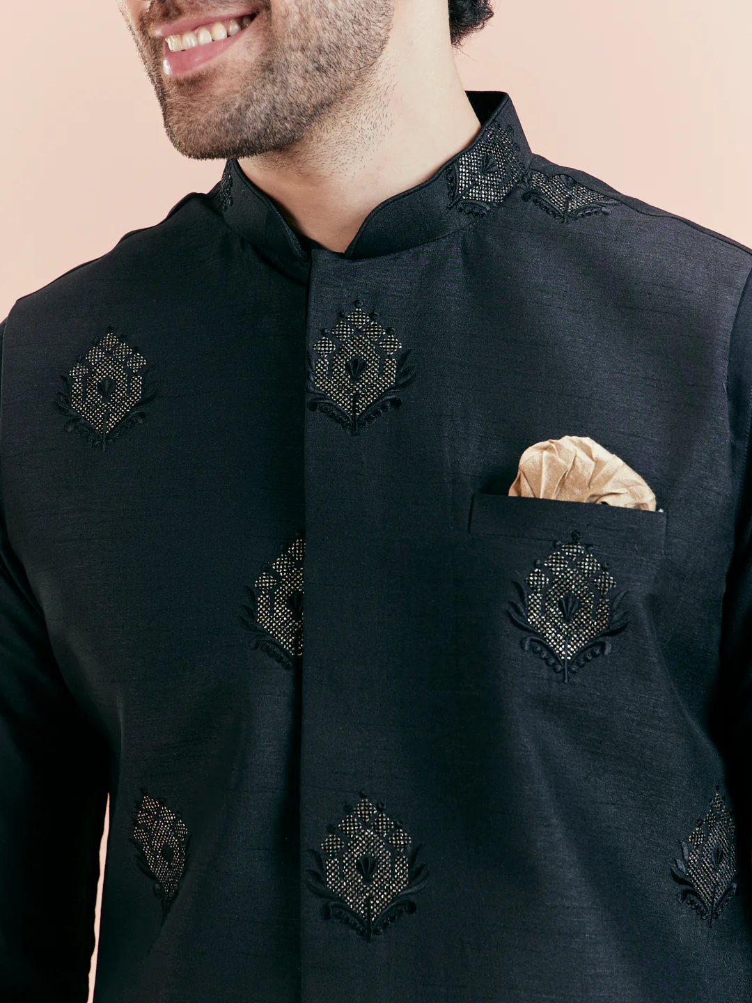 Black Mid Kurta Jacket Trouser Set with Embroidered Nehru Jacket â€“ Festive Wear - Image 7