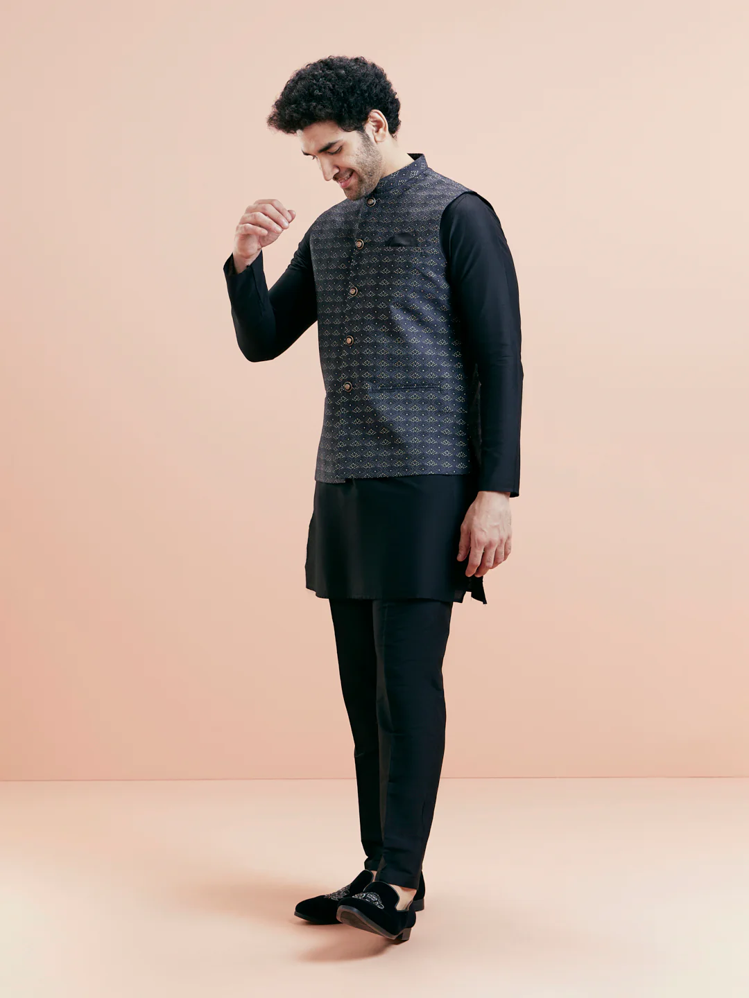 Black Silk Blend Grey Textured Nehru Jacket Kurta Set - Image 4