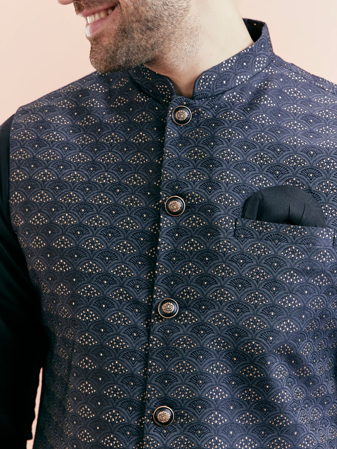 Black Silk Blend Grey Textured Nehru Jacket Kurta Set - Image 8
