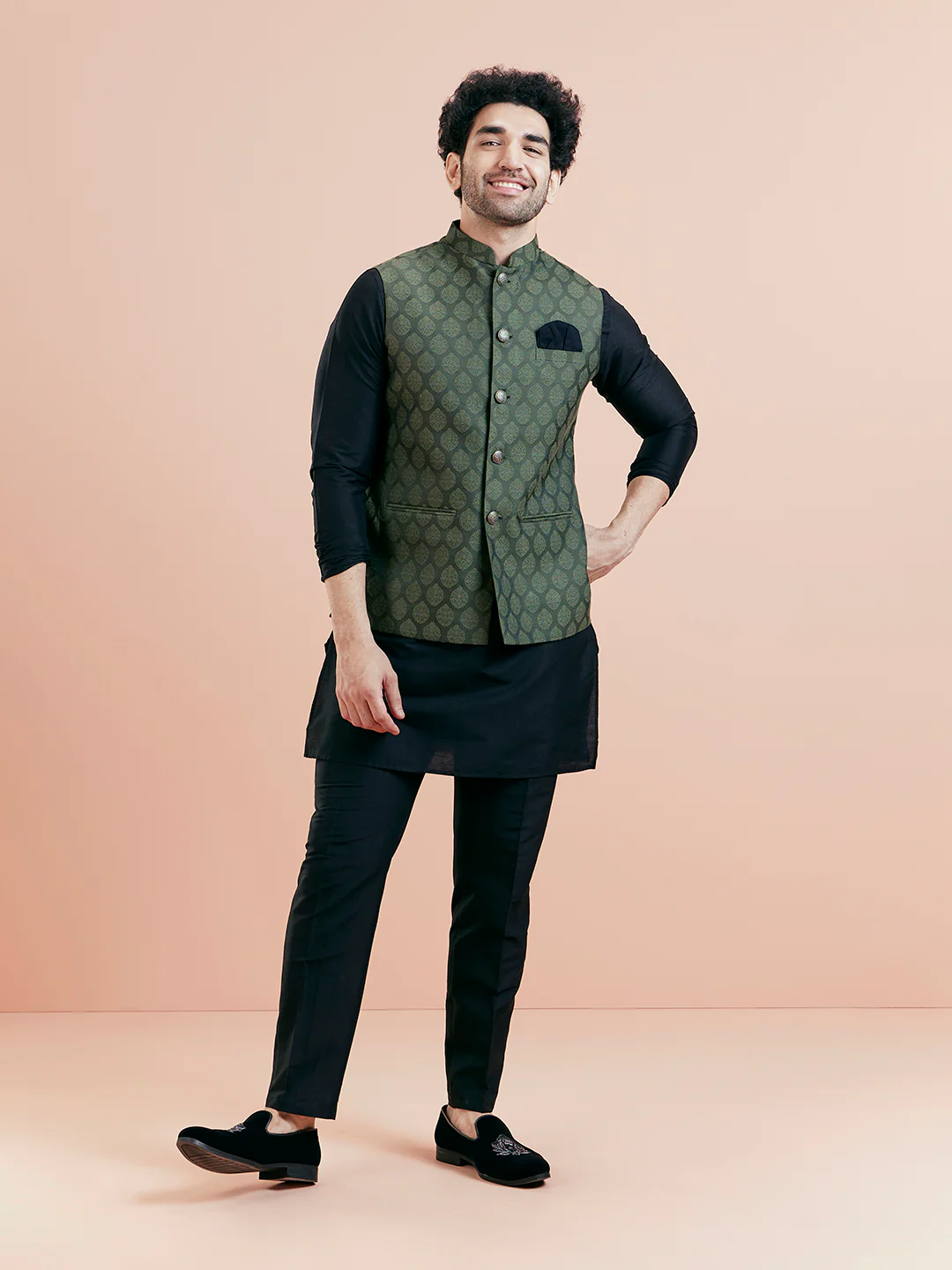 Olive Green Woven Jacket Black Kurta Trouser Set