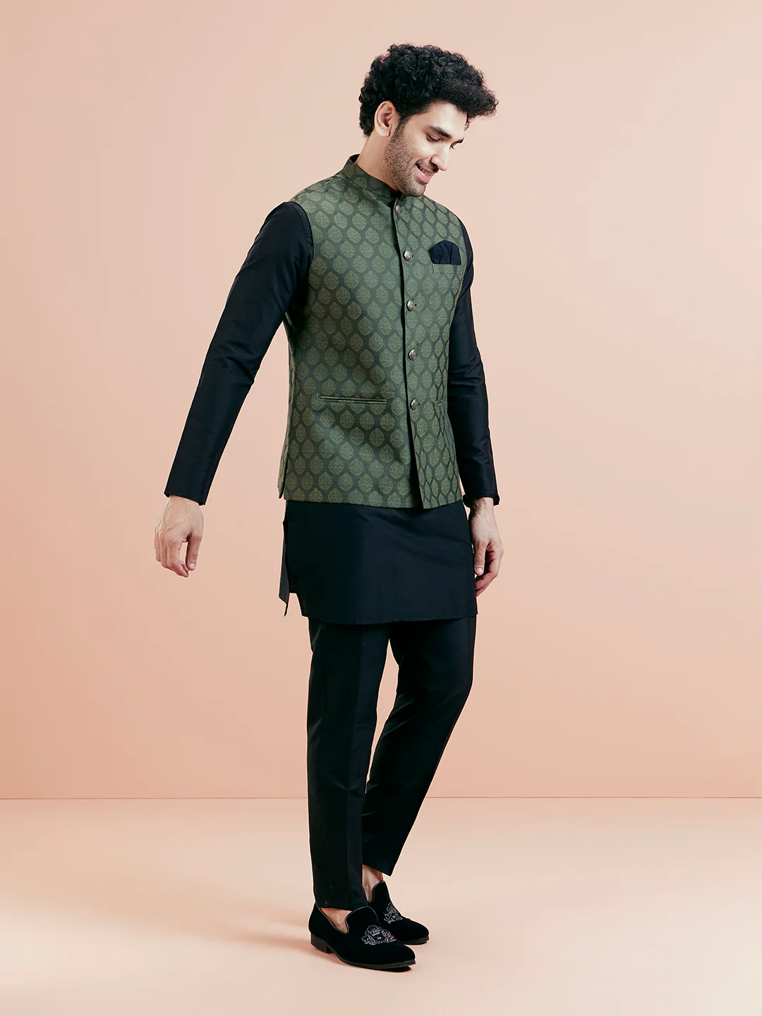 Olive Green Woven Jacket Black Kurta Trouser Set - Image 2