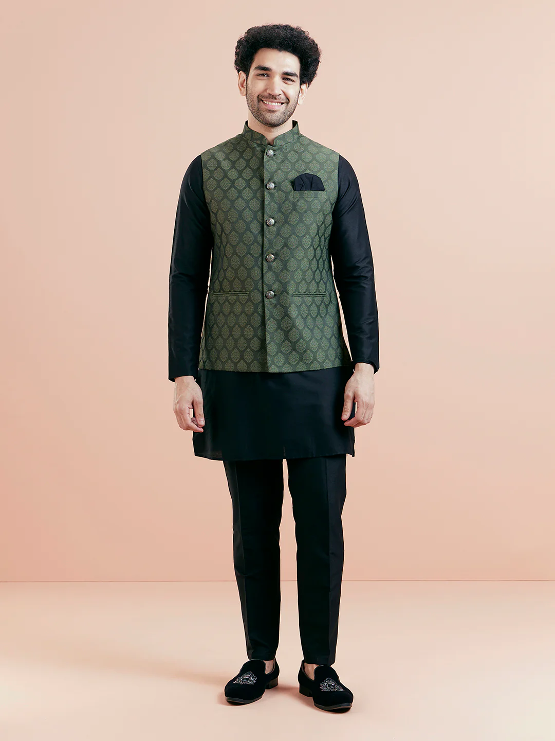 Olive Green Woven Jacket Black Kurta Trouser Set - Image 3
