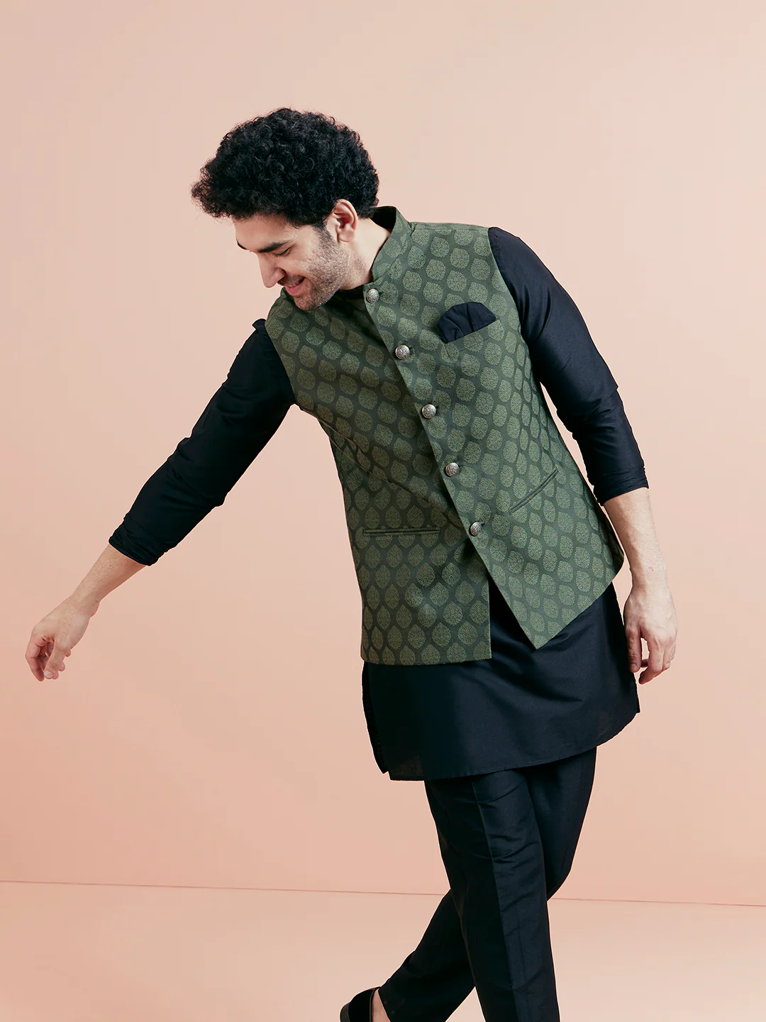 Olive Green Woven Jacket Black Kurta Trouser Set - Image 6