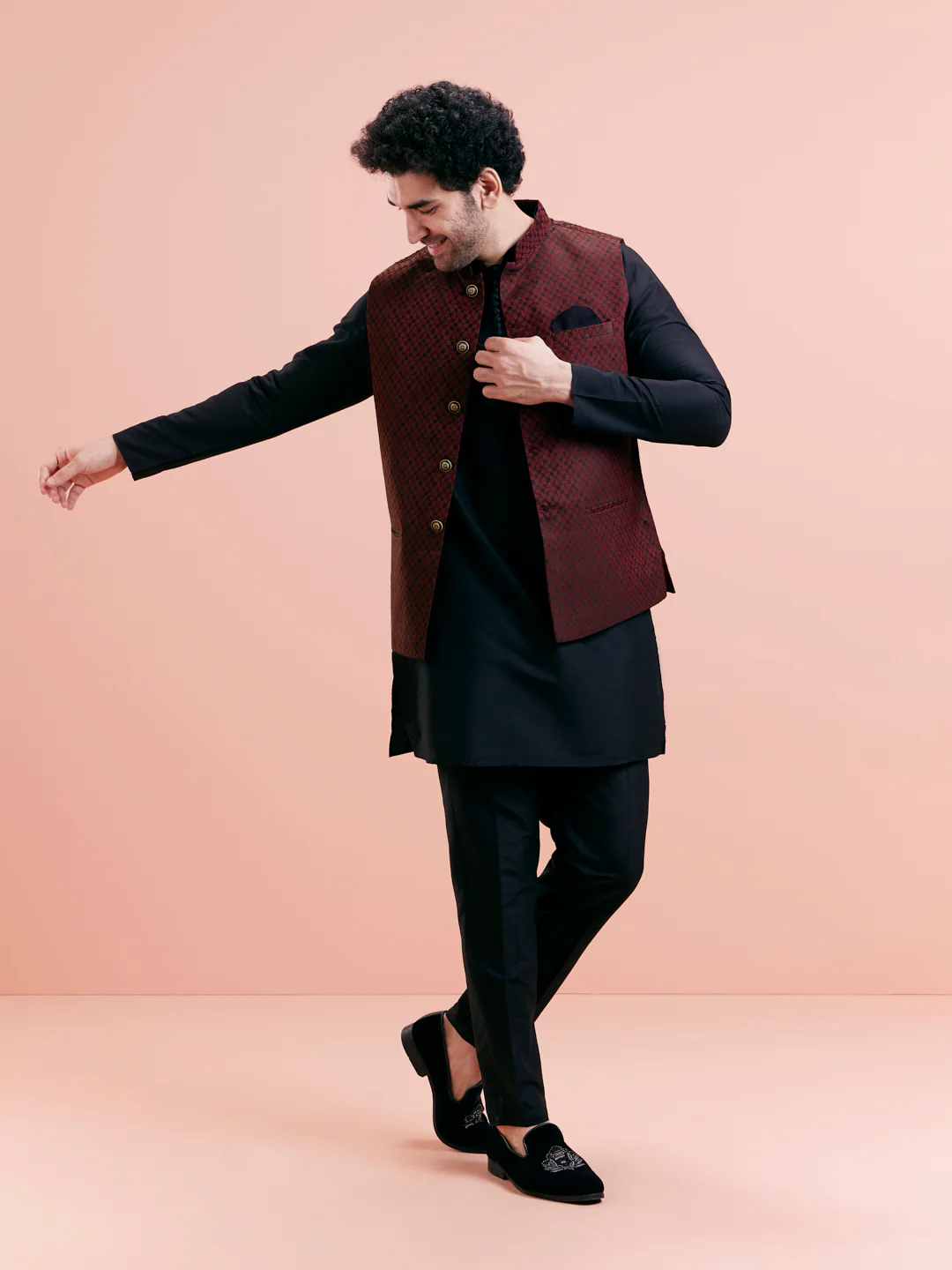 Black Mid Kurta with Maroon Jacquard Jacket Set