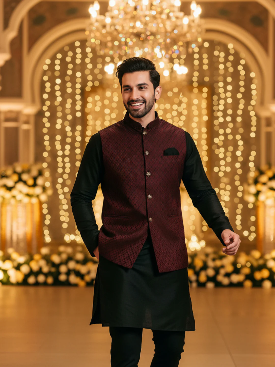 Black Mid Kurta with Maroon Jacquard Jacket Set - Image 10