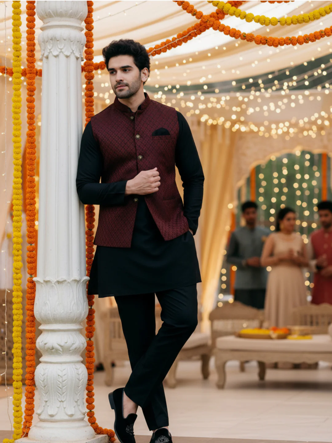 Black Mid Kurta with Maroon Jacquard Jacket Set - Image 2