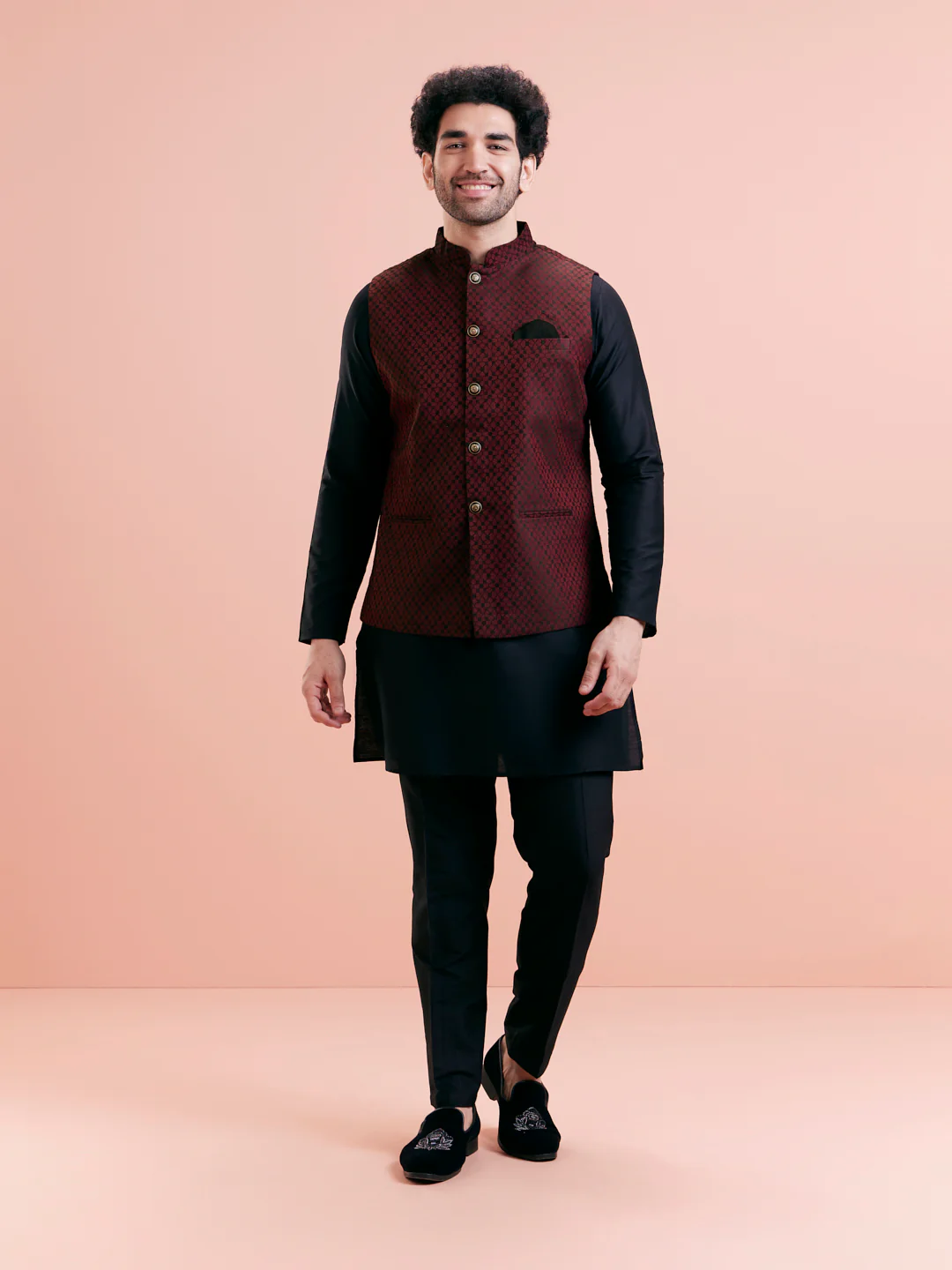 Black Mid Kurta with Maroon Jacquard Jacket Set - Image 3