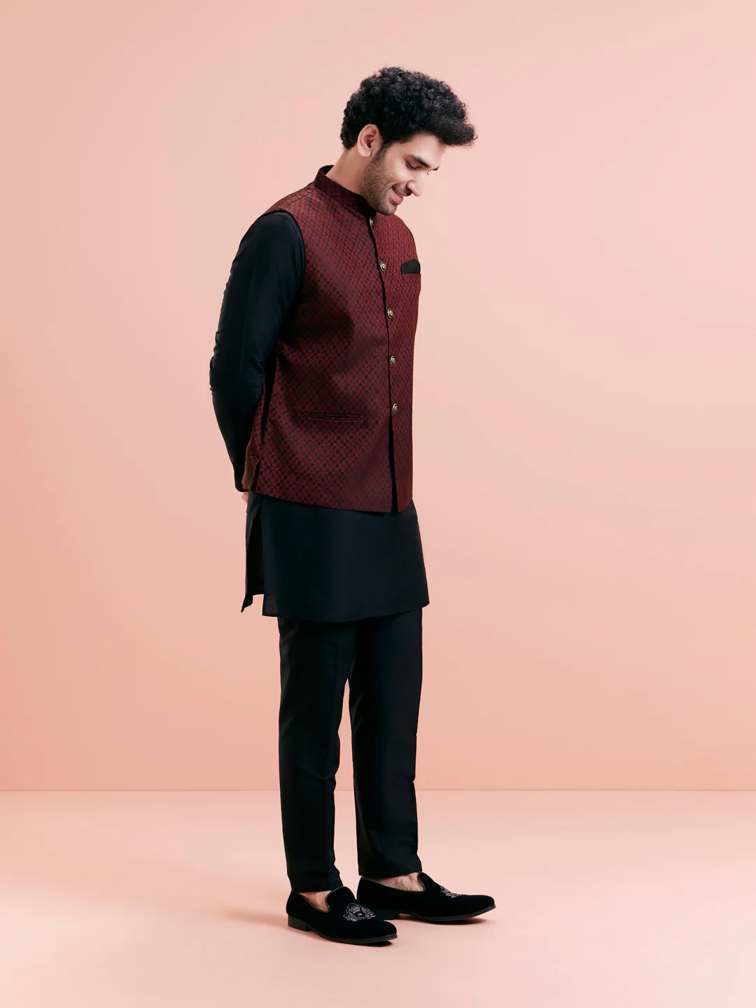 Black Mid Kurta with Maroon Jacquard Jacket Set - Image 5