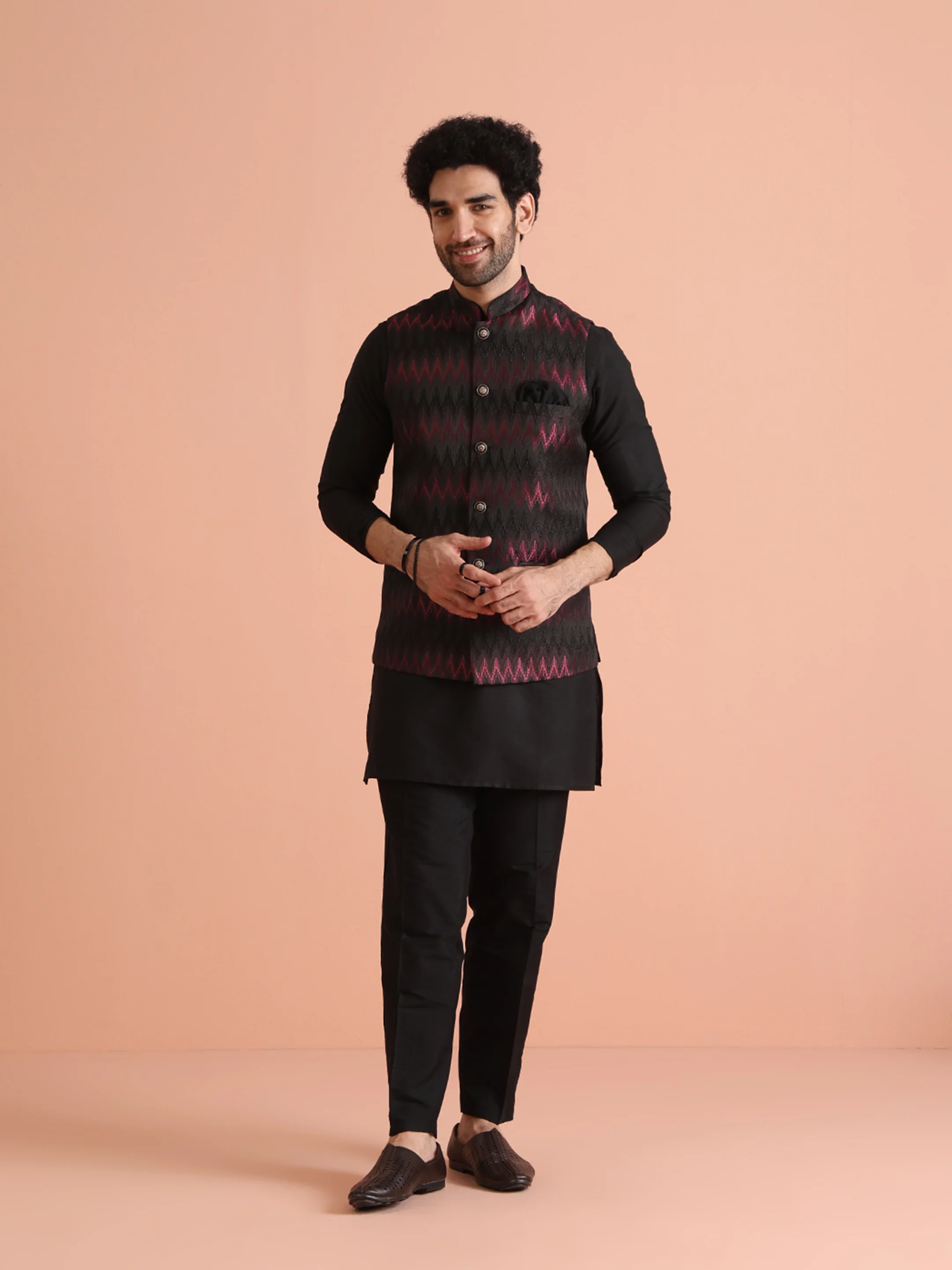 Black Silk Blend Ikat Nehru Jacket Kurta Trouser Set