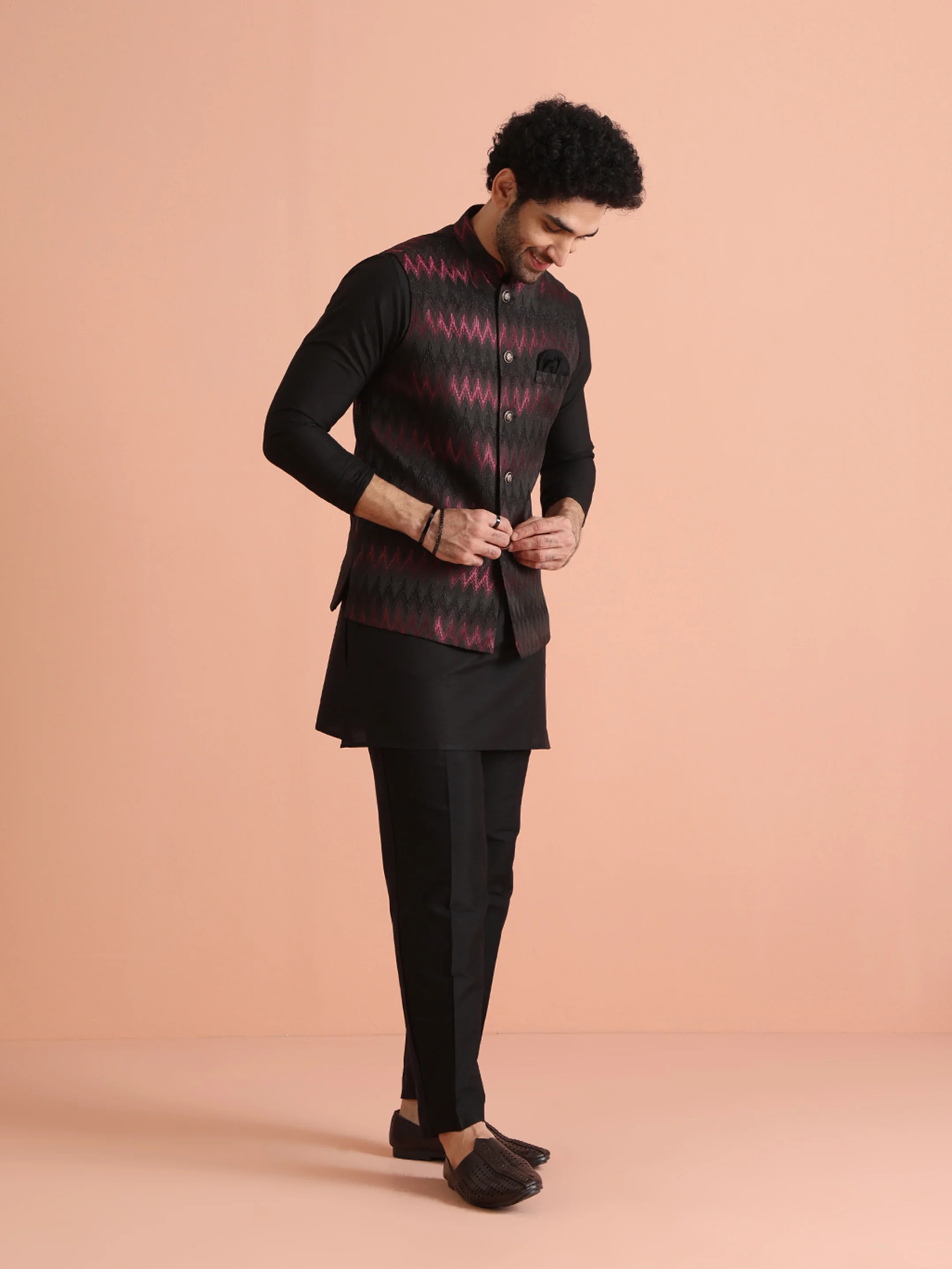 Black Silk Blend Ikat Nehru Jacket Kurta Trouser Set - Image 2