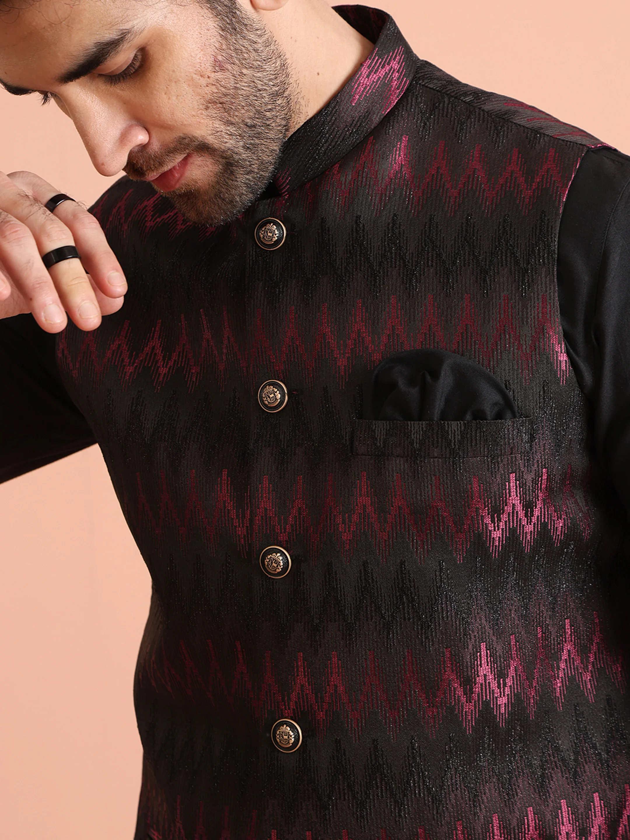 Black Silk Blend Ikat Nehru Jacket Kurta Trouser Set - Image 5