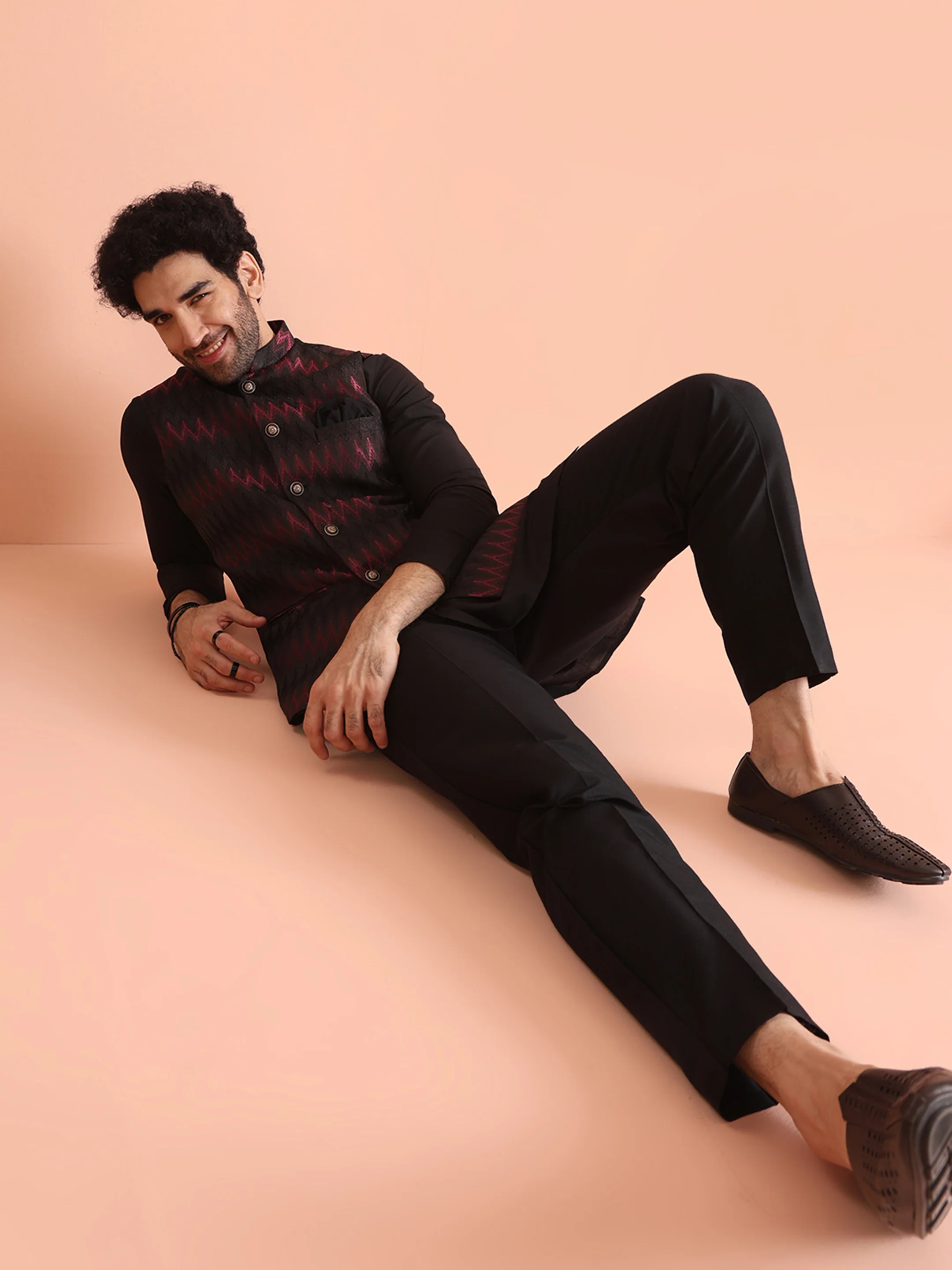 Black Silk Blend Ikat Nehru Jacket Kurta Trouser Set - Image 7