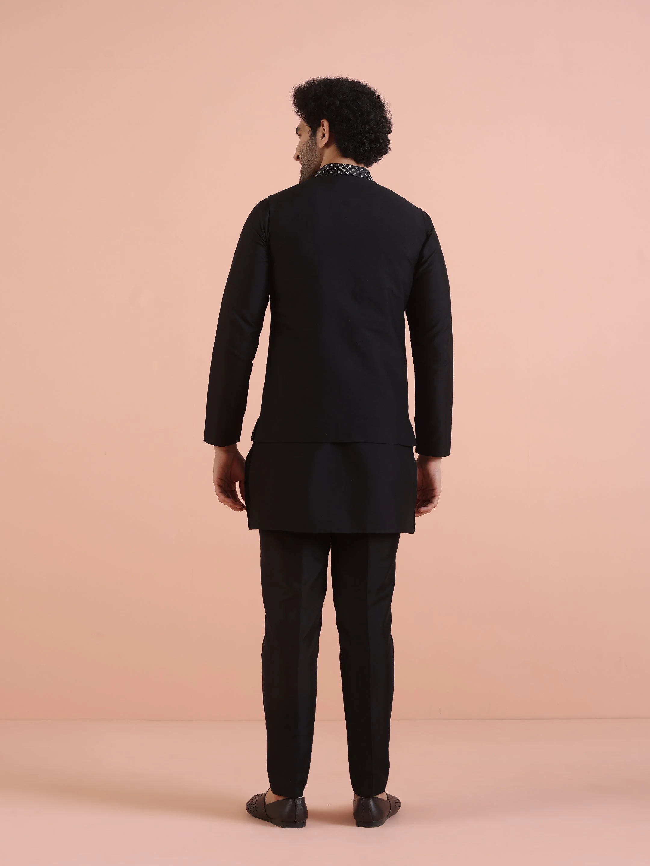 Black Embroidered Nehru Jacket Kurta Set - Image 9