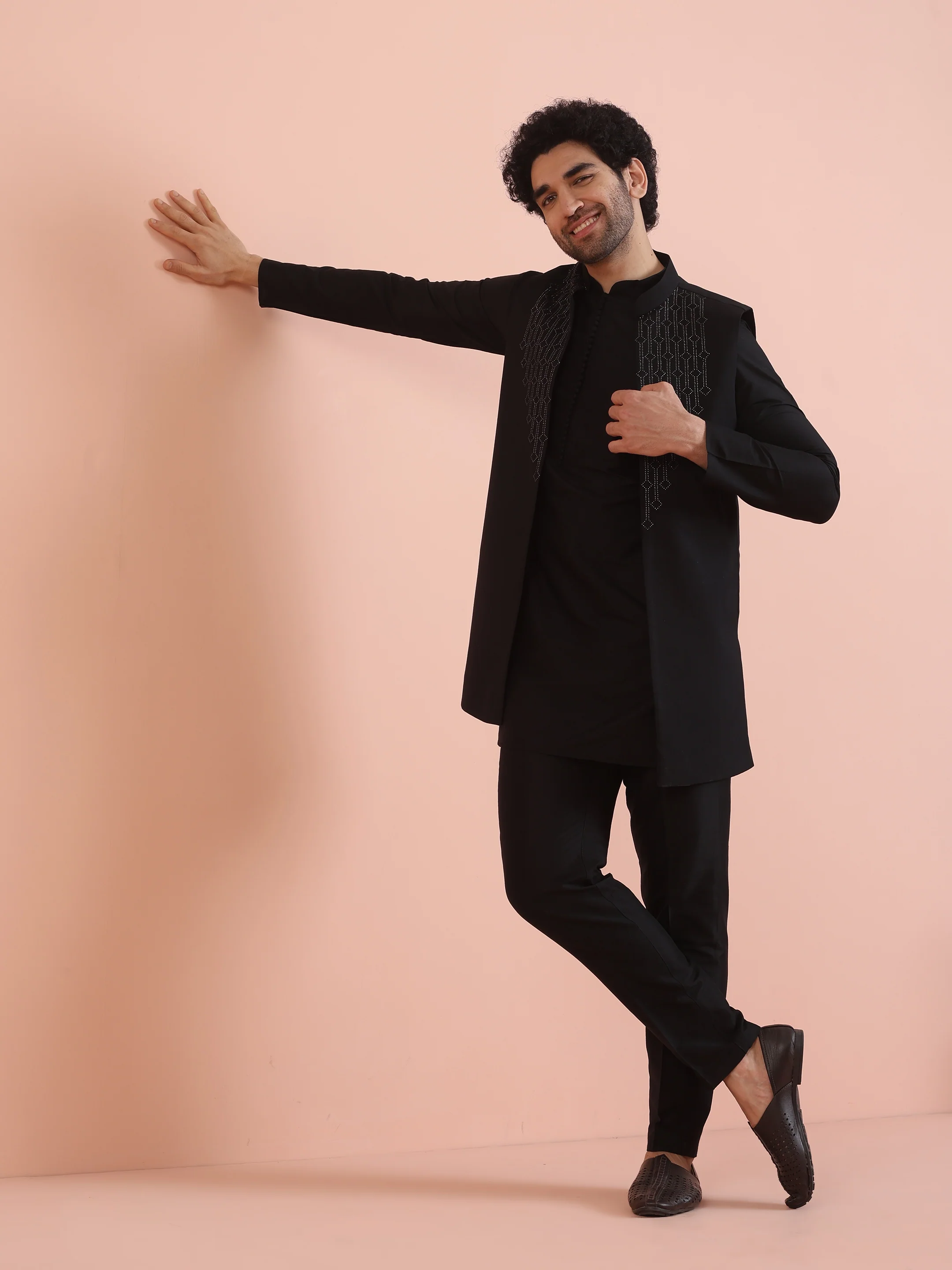 Black Embellished Jacket Kurta Trouser Set