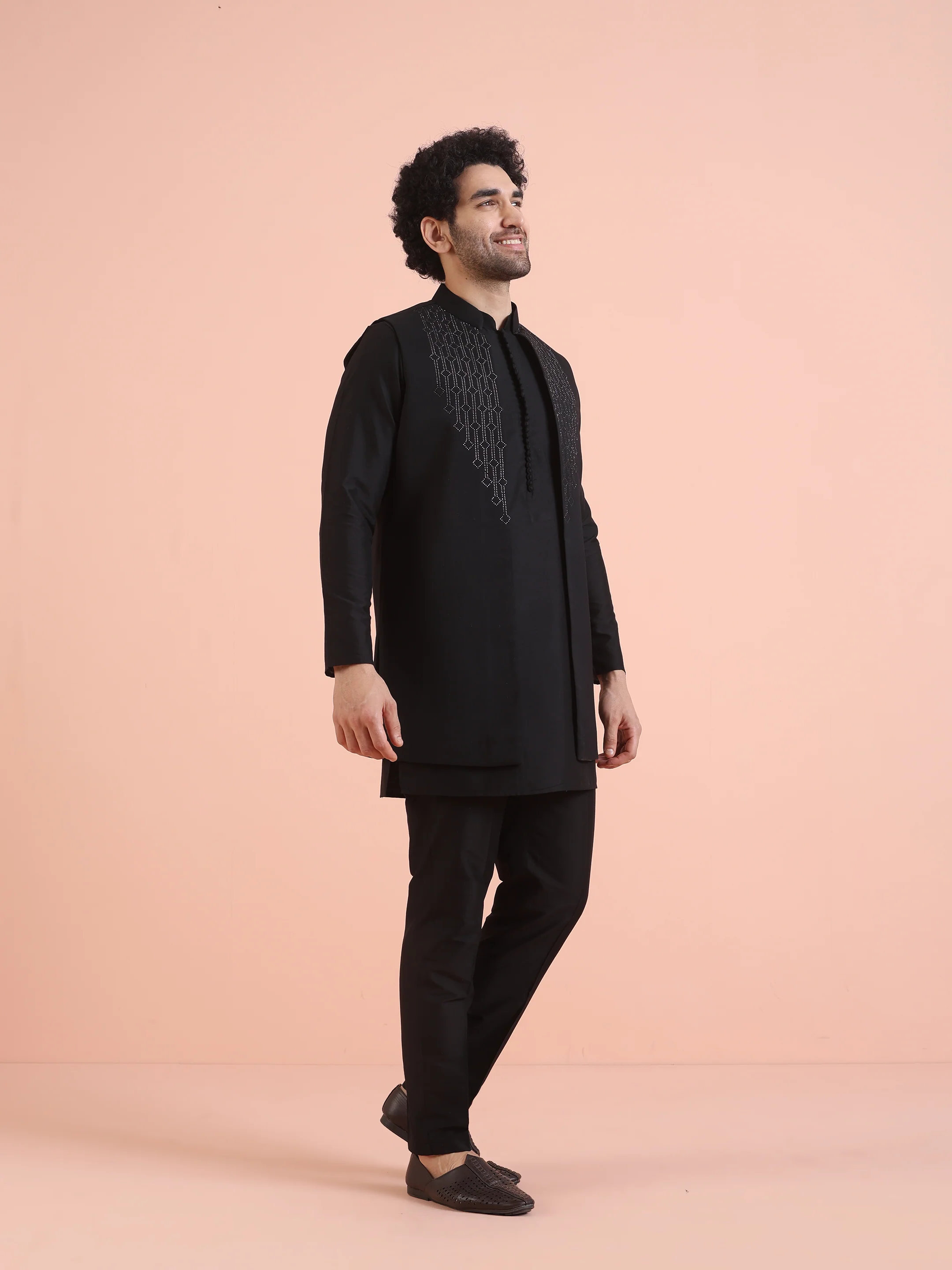 Black Embellished Jacket Kurta Trouser Set - Image 2