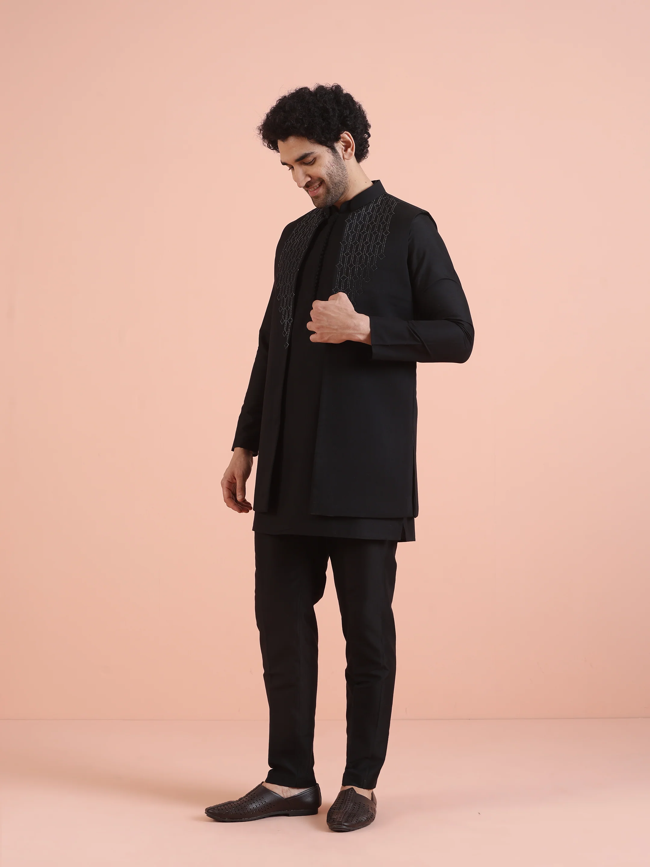 Black Embellished Jacket Kurta Trouser Set - Image 3