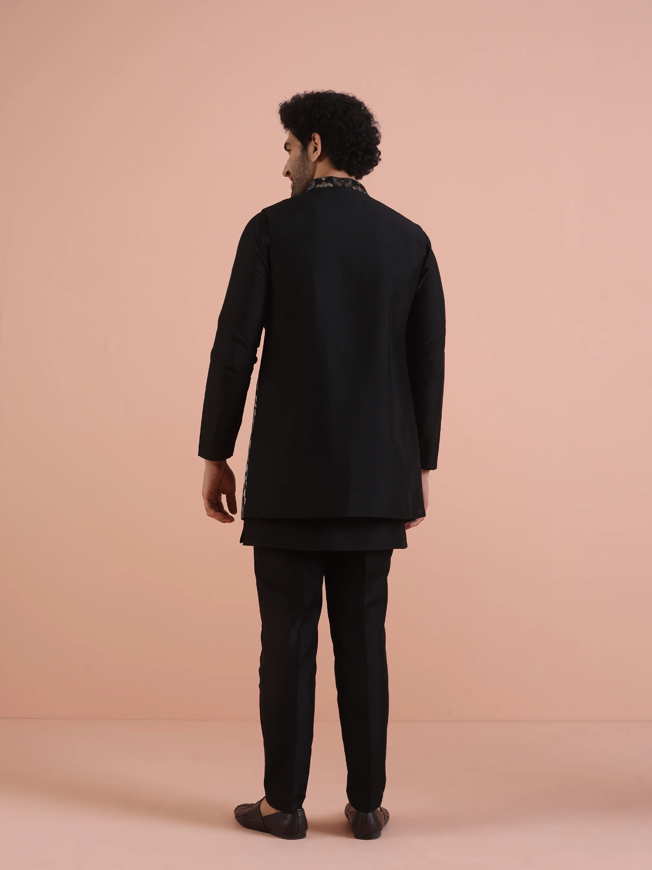 Black Multicolor Jacquard Nehru Jacket Set - Image 5