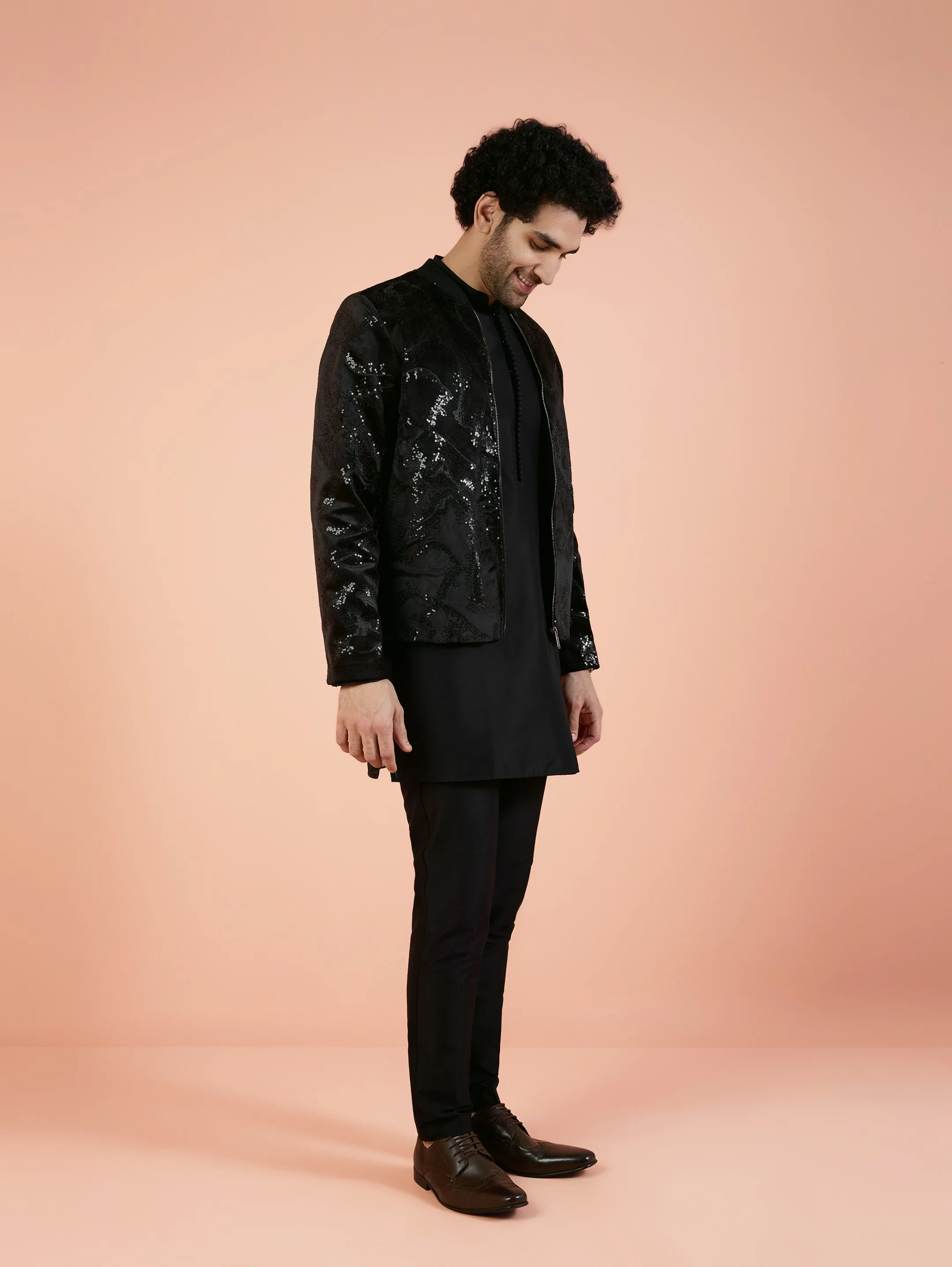 Men Black Abstract Kurta Bomber Jacket Trouser Set with Sequence - Image 4