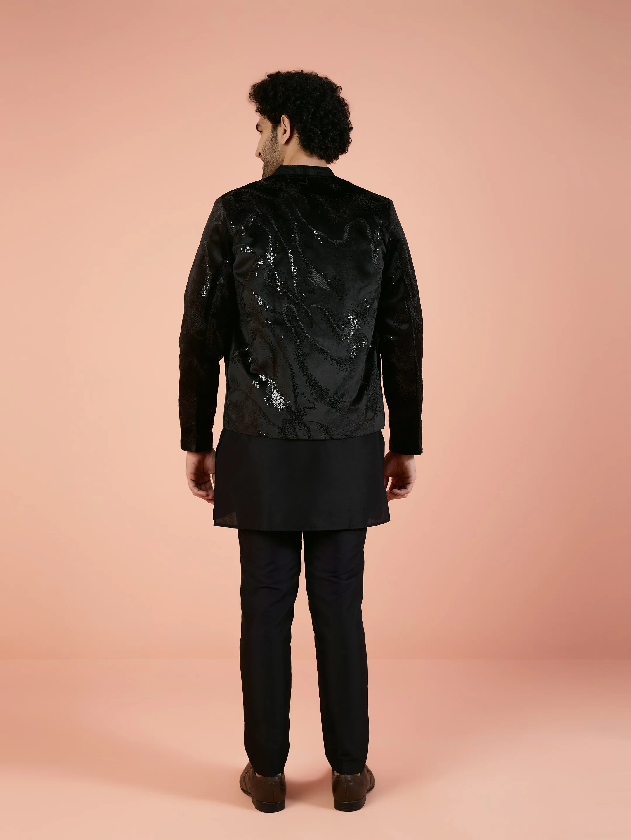 Men Black Abstract Kurta Bomber Jacket Trouser Set with Sequence - Image 5