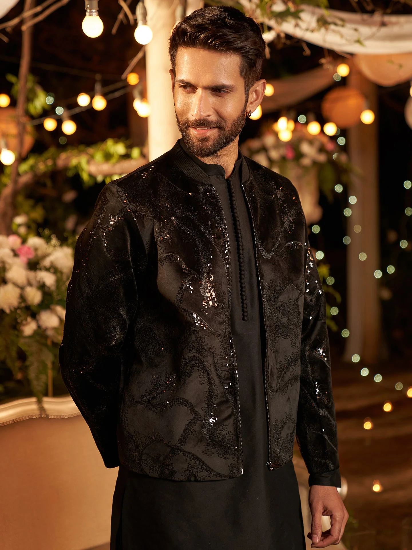 Men Black Abstract Kurta Bomber Jacket Trouser Set with Sequence - Image 9
