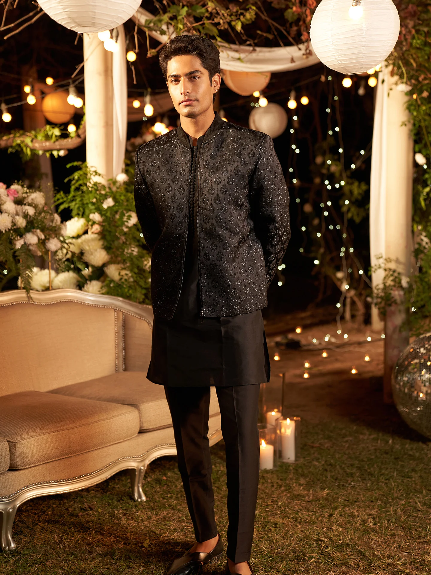 Men Black Woven Design Kurta Bomber Jacket Trouser Set with Ethnic Motifs