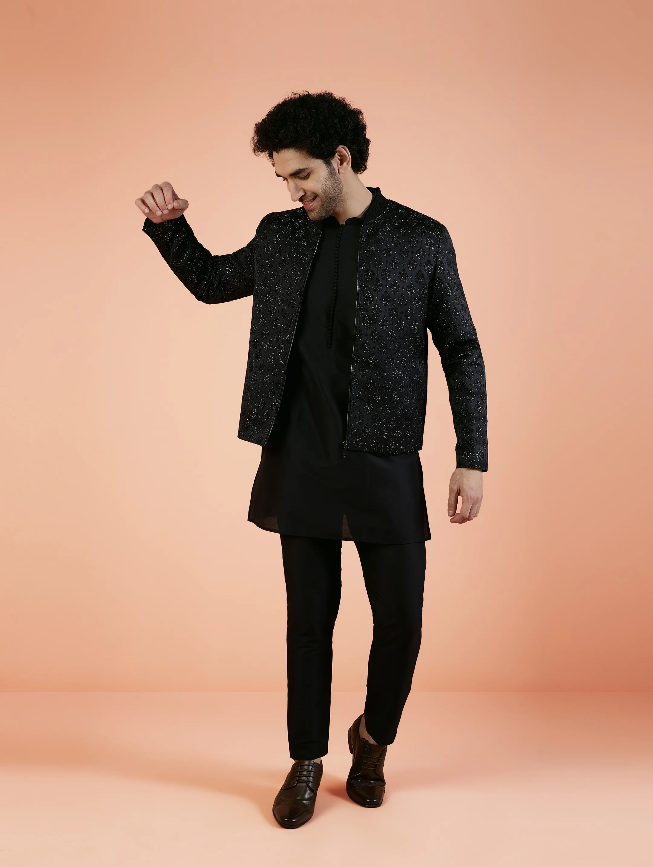 Men Black Woven Design Kurta Bomber Jacket Trouser Set with Ethnic Motifs - Image 2